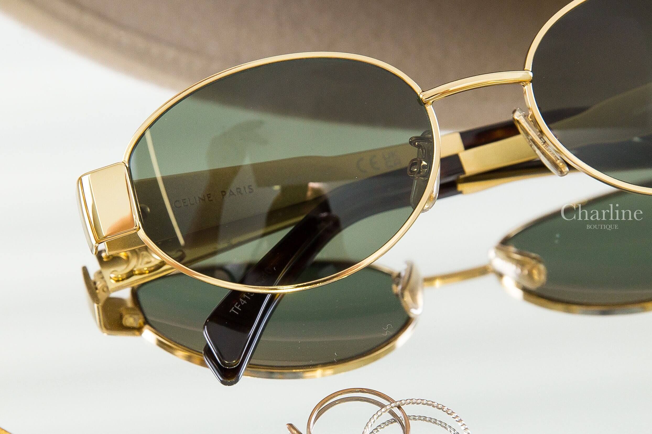 Celine Triomphe Metal 01 Sunglasses In Metal 金色金屬橢圓框側邊立體凱旋門琥珀鏡腳綠色鏡片太陽眼鏡附棕褐色肩背包兩件組