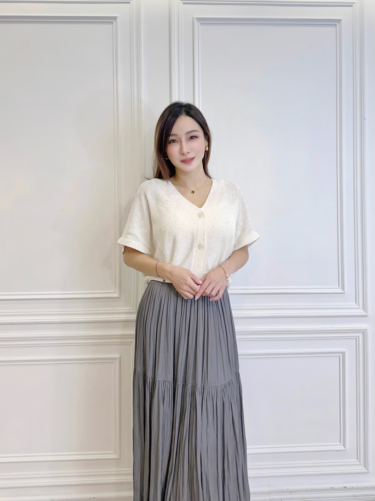 短寬袖細閃感針織上衣