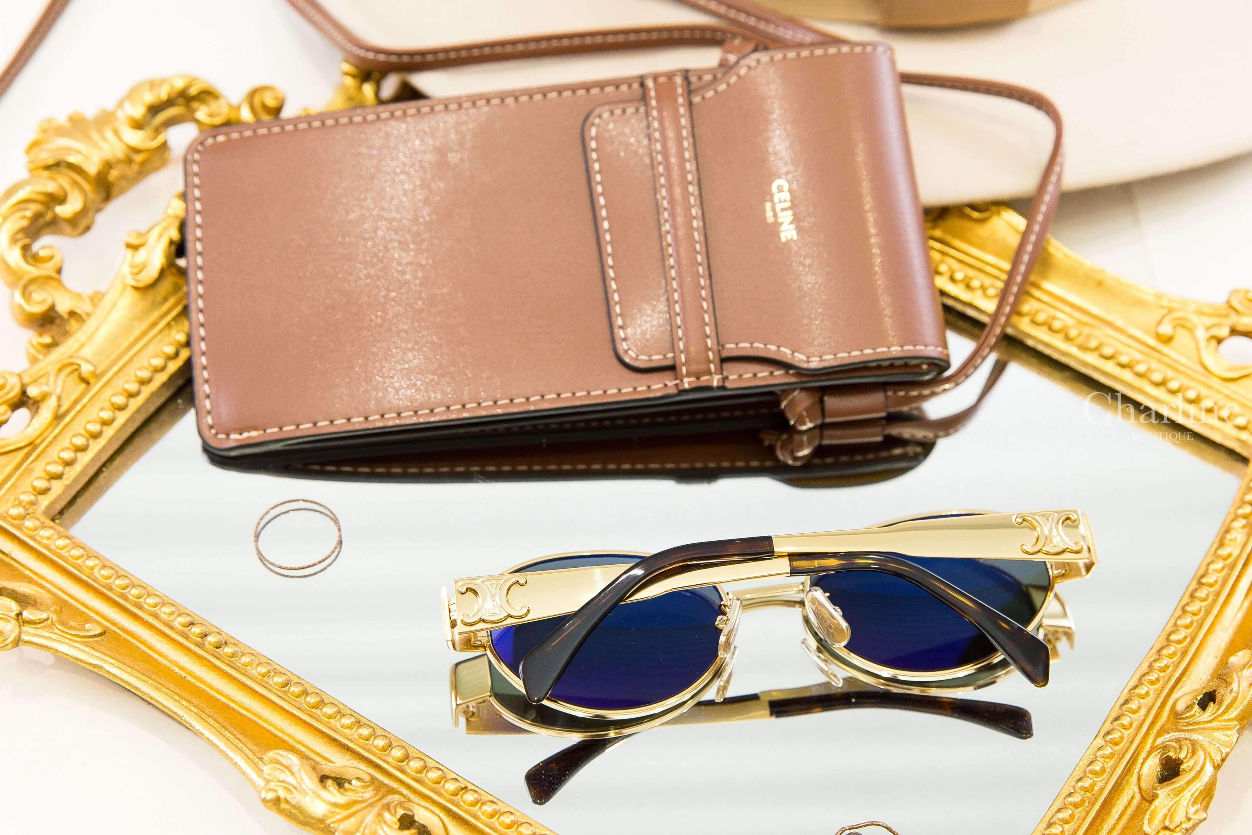 Celine Triomphe Metal 01 Sunglasses In Metal 金色金屬橢圓框側邊立體凱旋門琥珀鏡腳綠色鏡片太陽眼鏡附棕褐色肩背包兩件組-Charline Boutique 精品代購