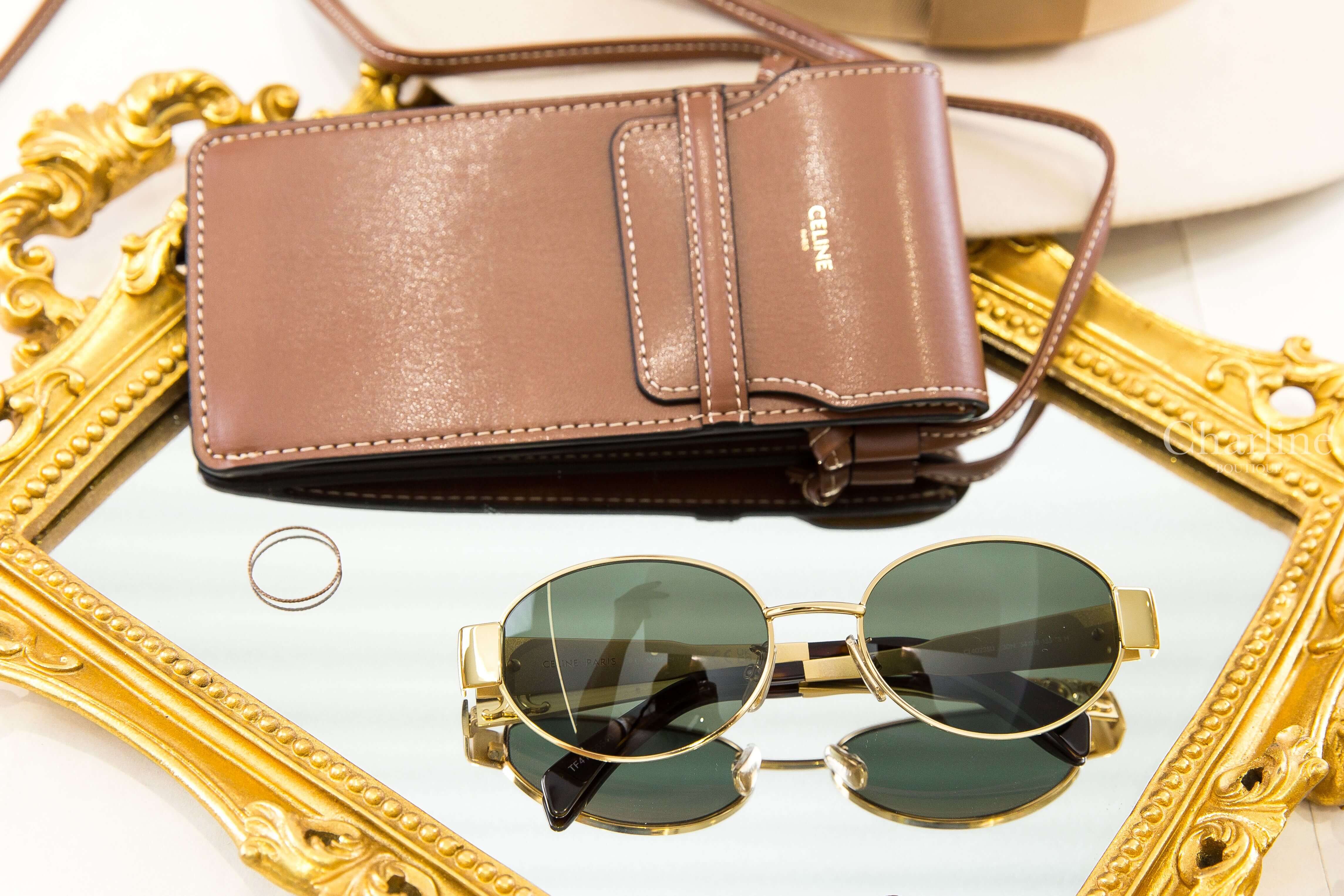 Celine Triomphe Metal 01 Sunglasses In Metal 金色金屬橢圓框側邊立體凱旋門琥珀鏡腳綠色鏡片太陽眼鏡附棕褐色肩背包兩件組