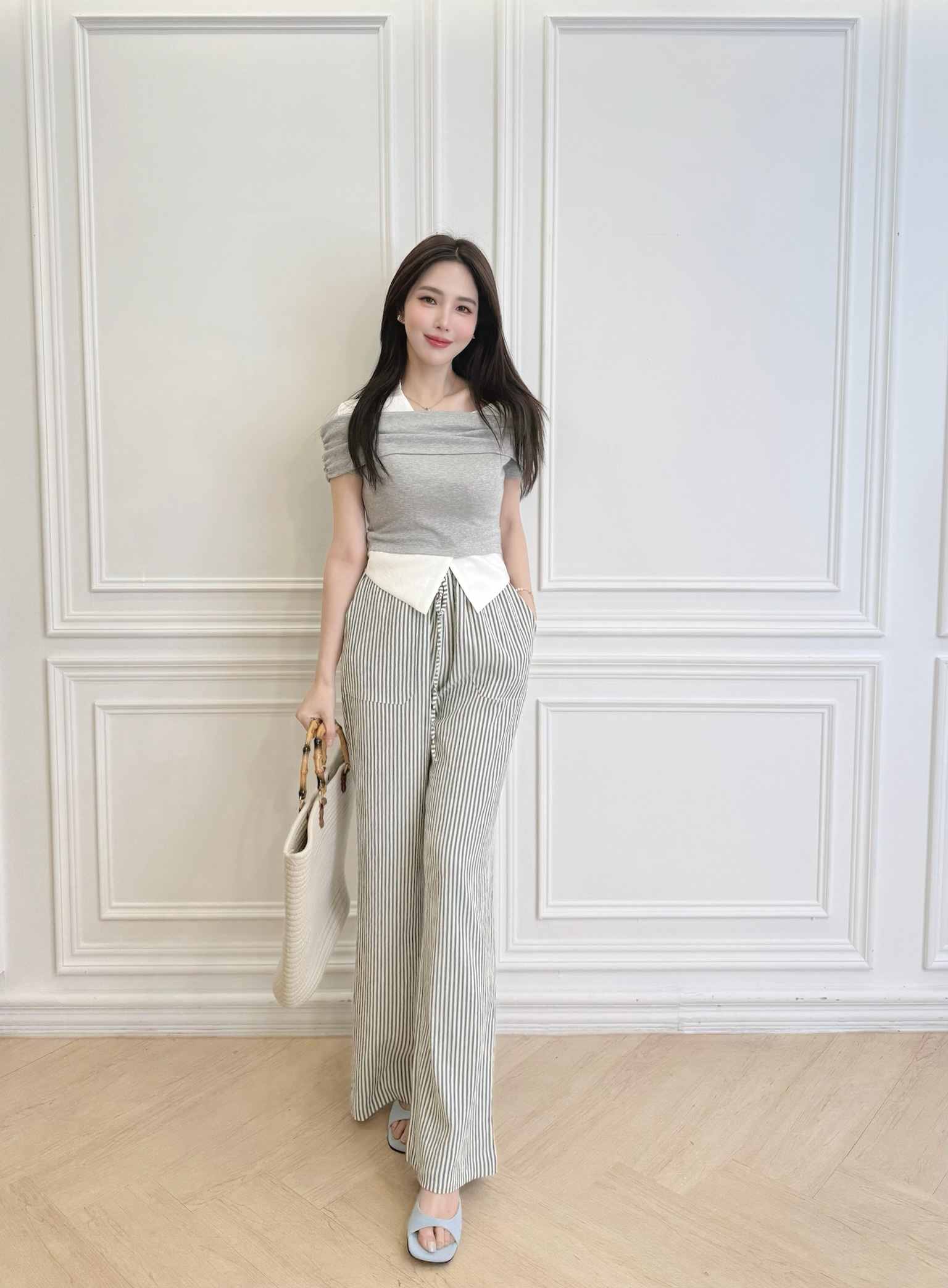 揉皺感抽繩條紋直筒褲