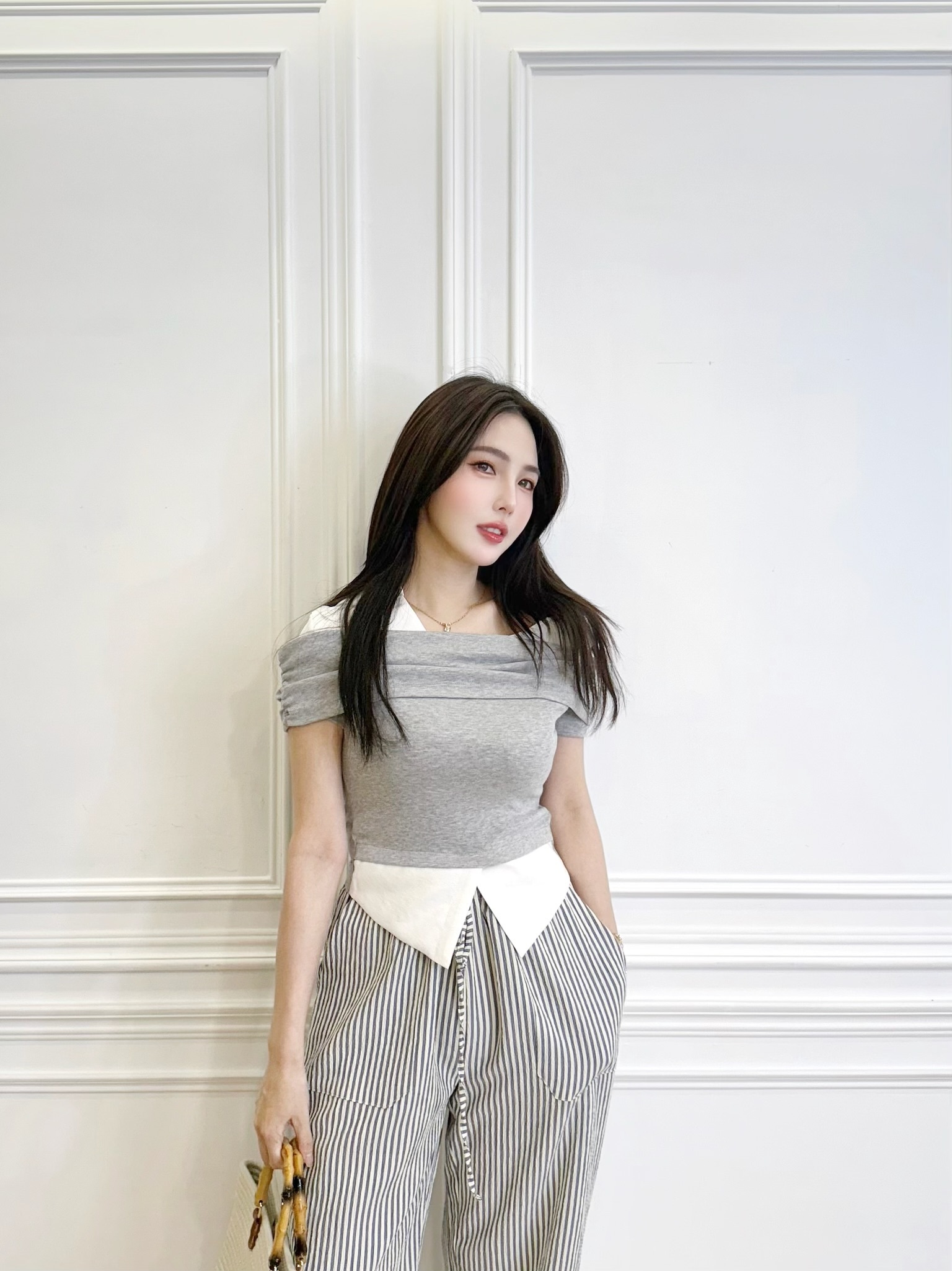 揉皺感抽繩條紋直筒褲