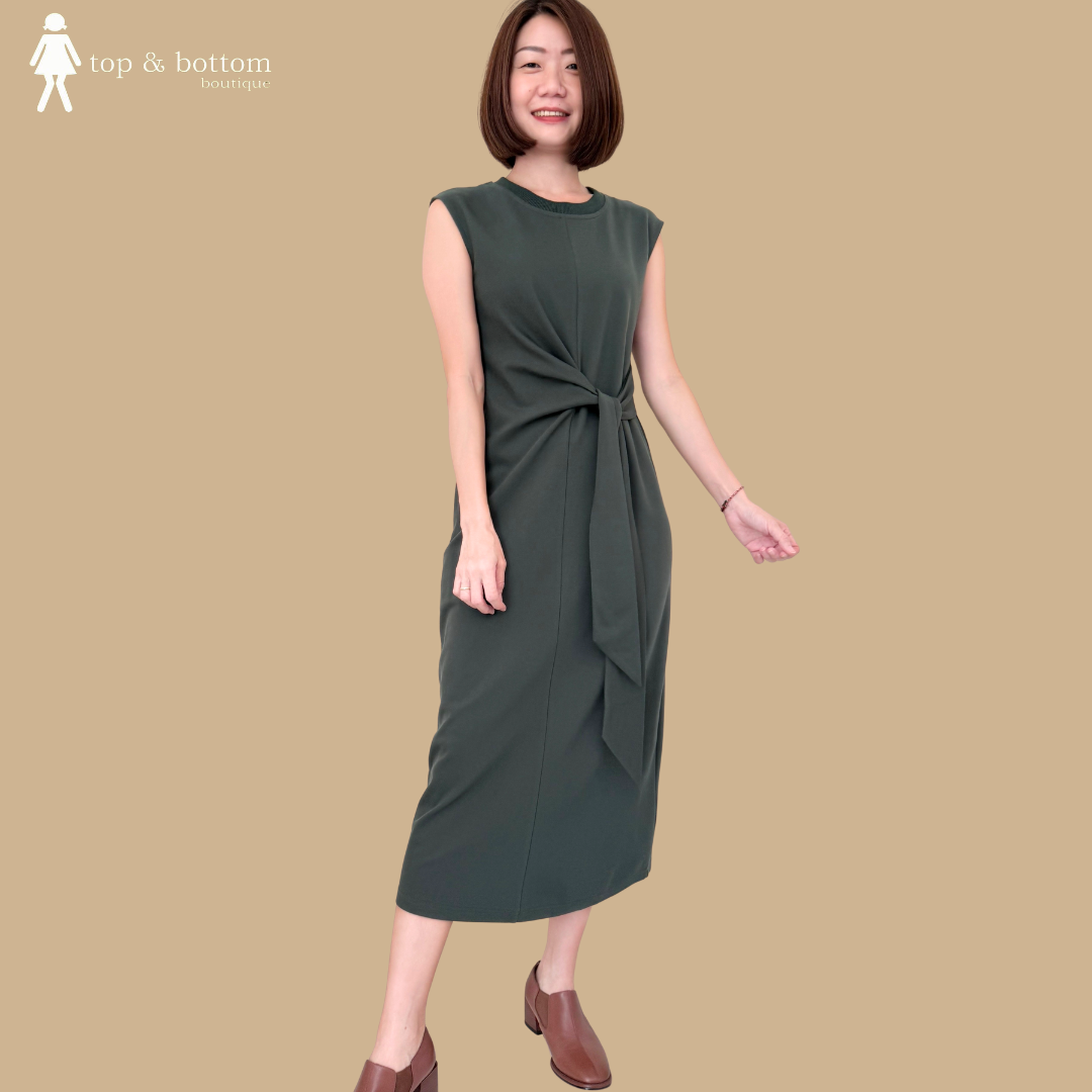 V SLEEVE TIE KNOT SPANDEX CASUAL DRESS