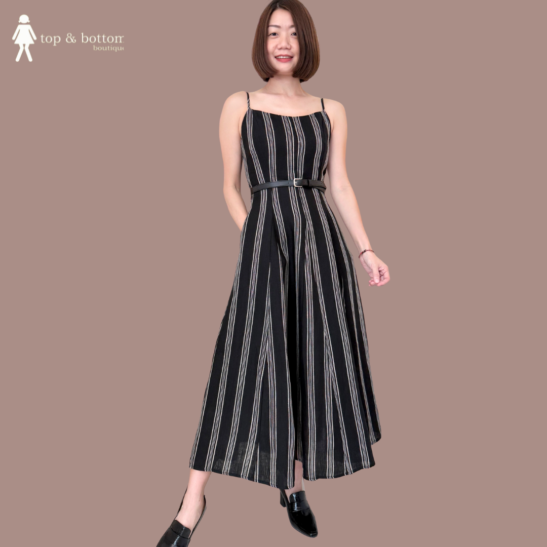 STRAP SOFT LINEN STRIPED LONG DRESS