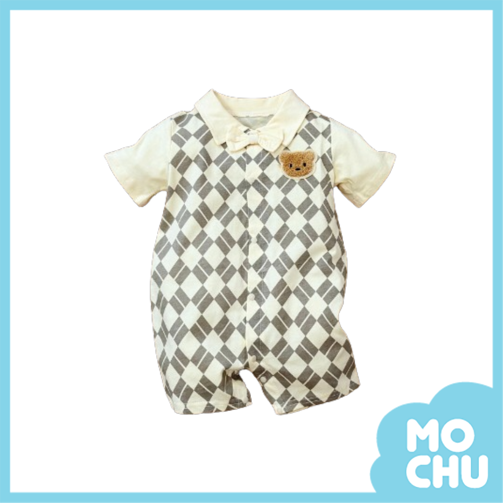 小熊菱形格子短袖連身衣