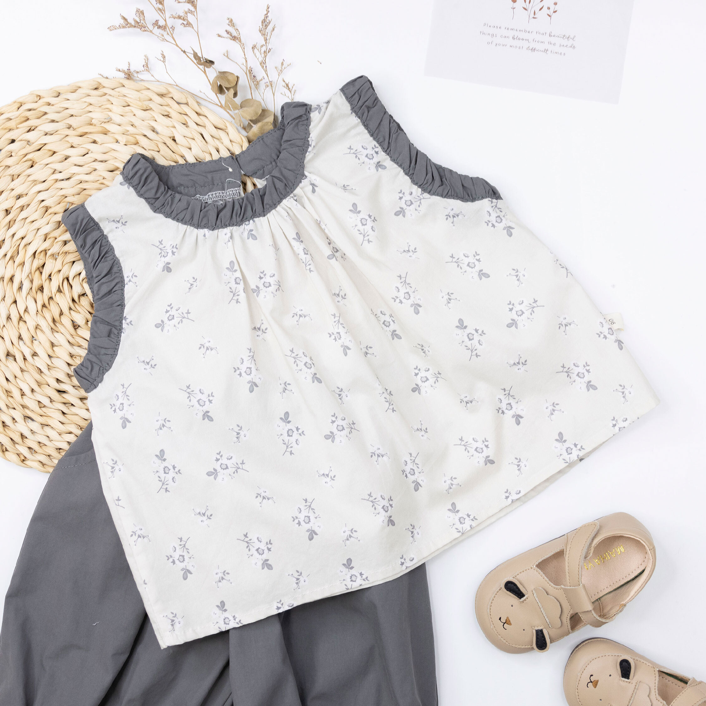 【H50827】氣質優雅碎花無袖套裝