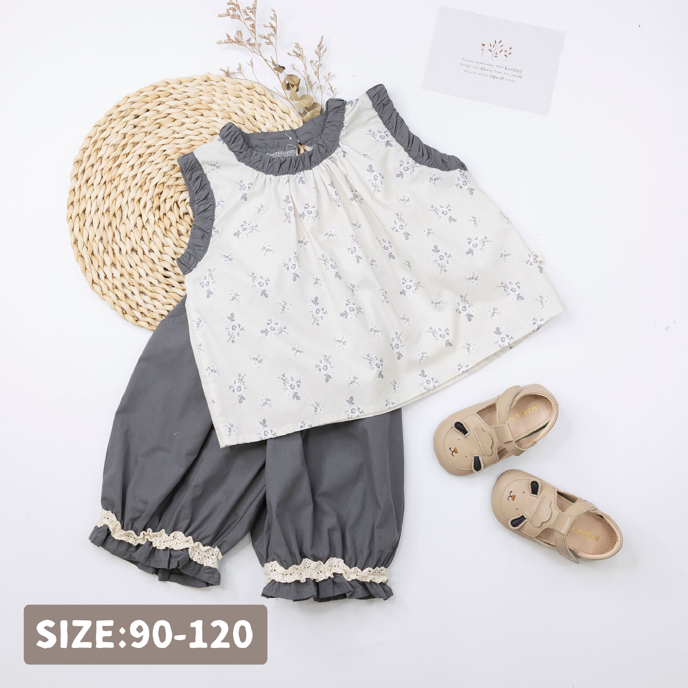 【H50827】氣質優雅碎花無袖套裝