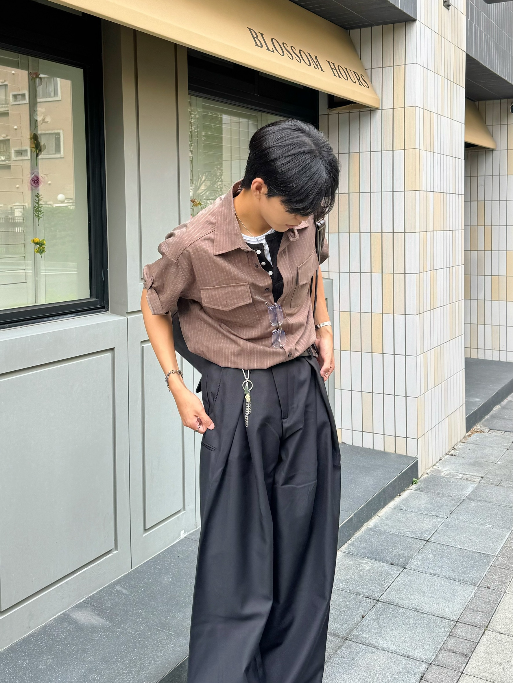 直條紋捲袖短袖襯衫 (2color)