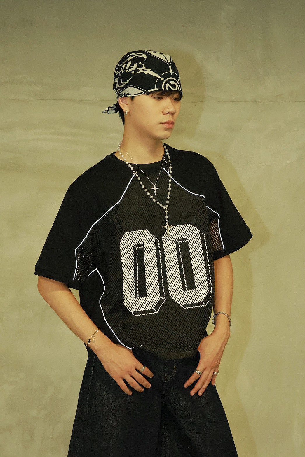 美式 反光線條 洞洞寬短 拼接色系 00球衣 罩衫 #短袖