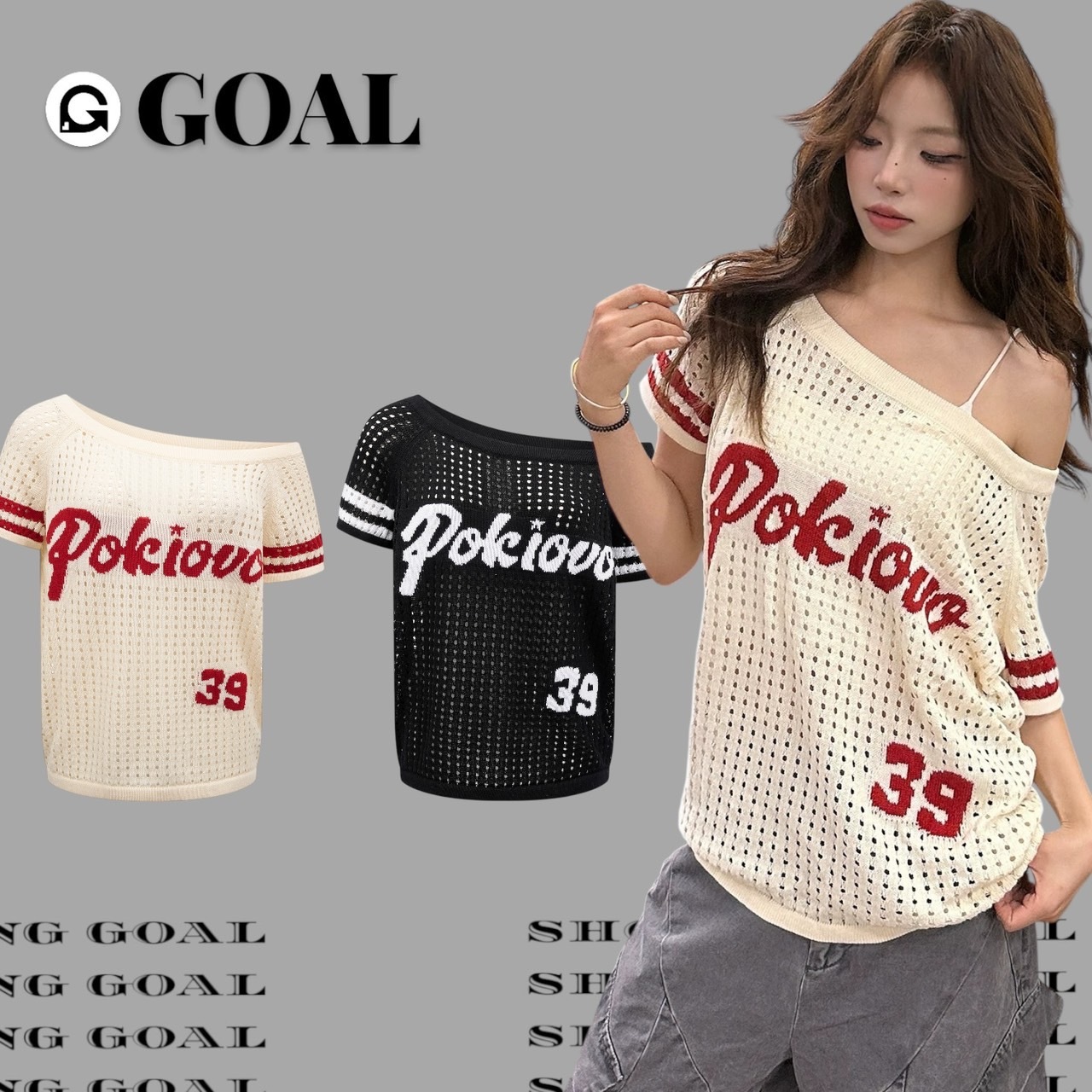 (GOAL)  美式鏤空字母斜肩上衣  慵懶寬鬆純棉tee R9093