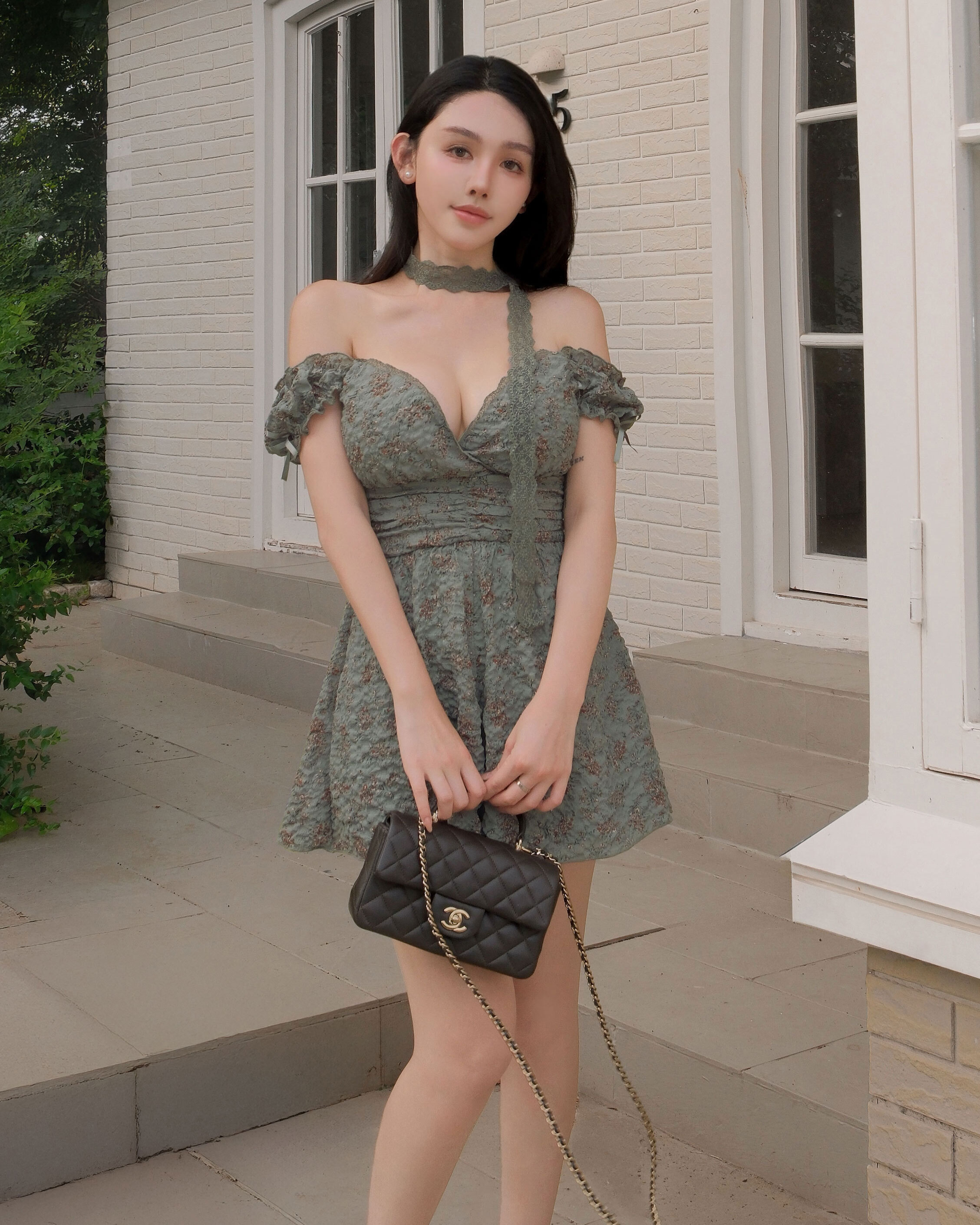 訂製-復古碎花低胸連身褲裝