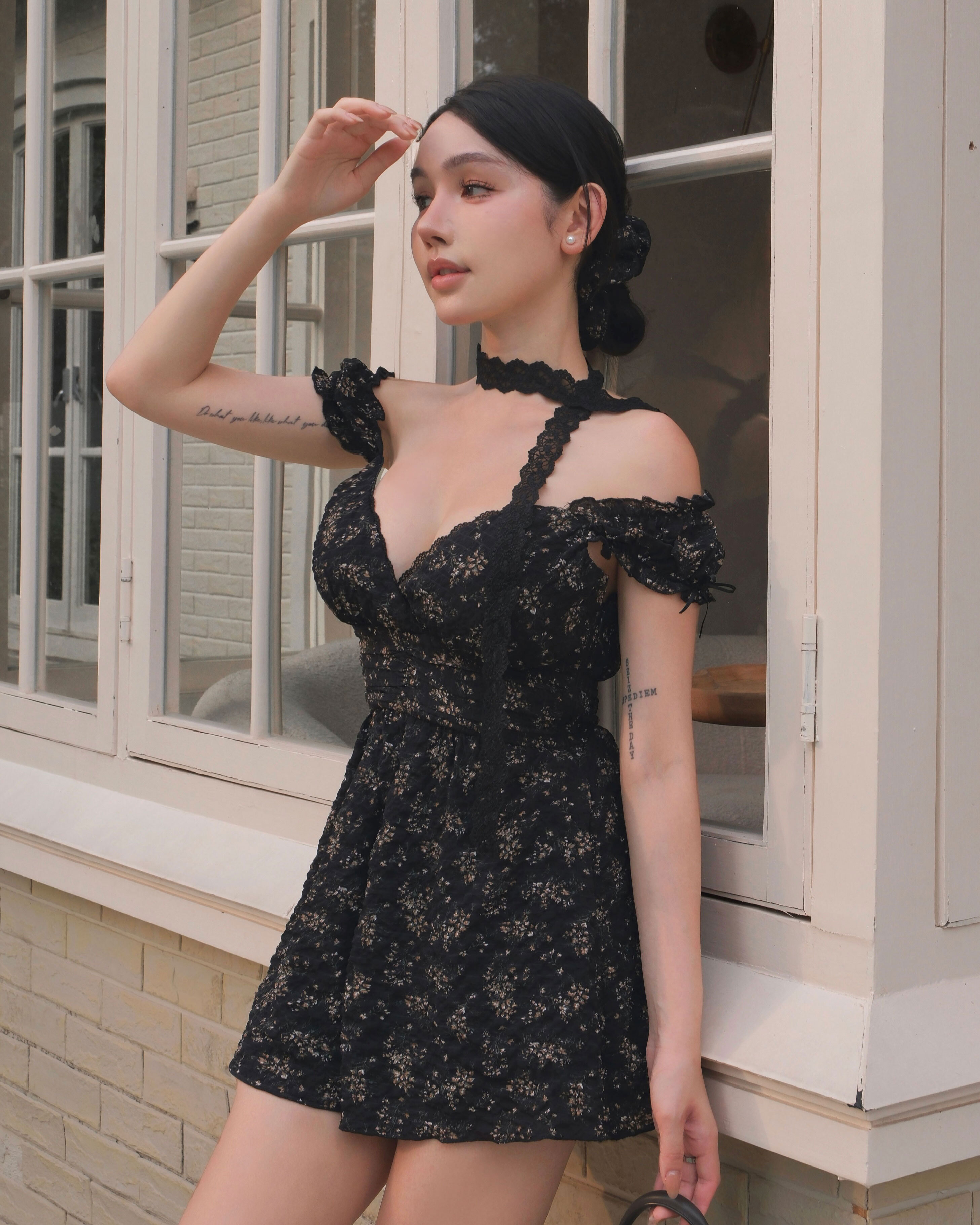 訂製-復古碎花低胸連身褲裝