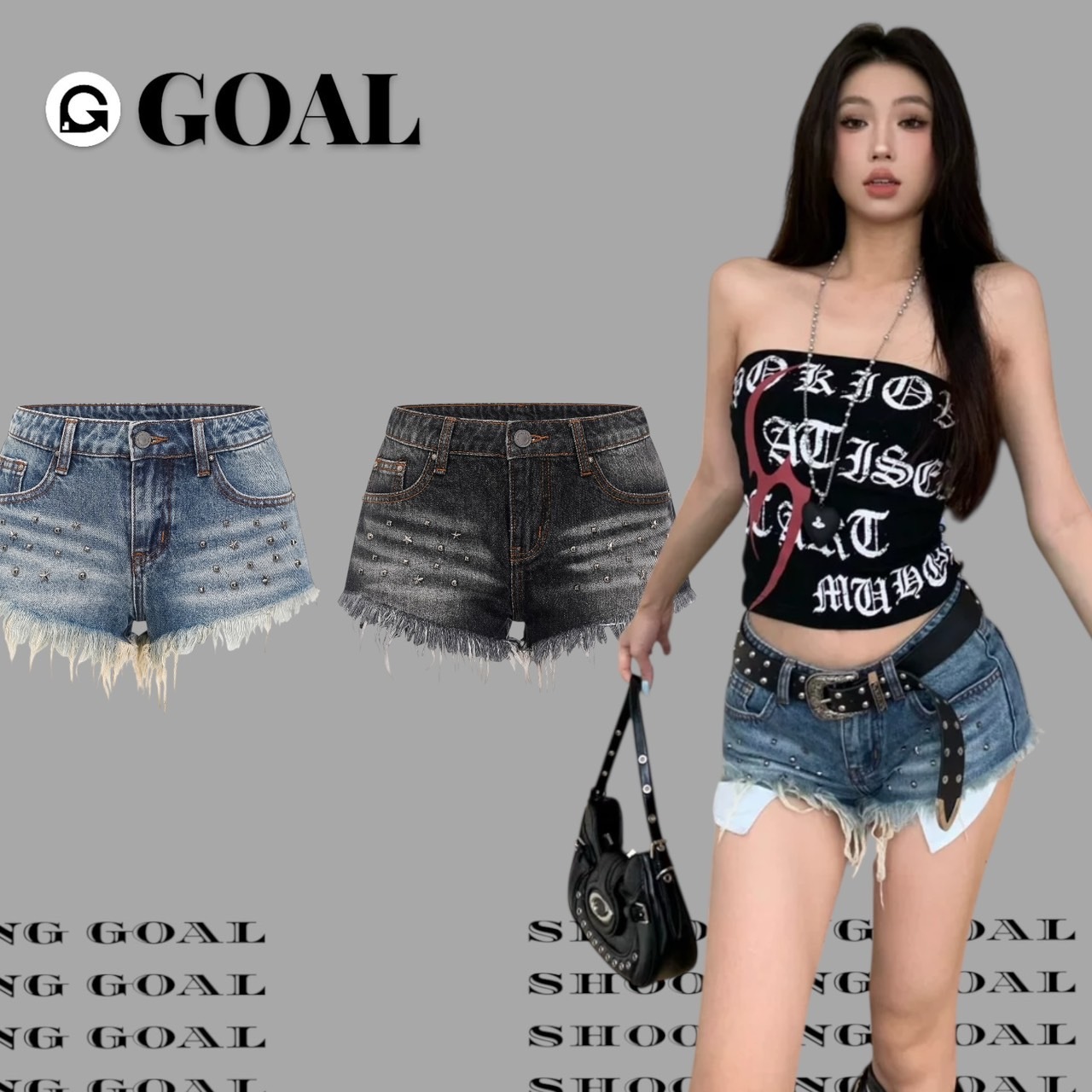 (GOAL)  美式 復古 毛邊 柳釘 低腰短褲 R9136