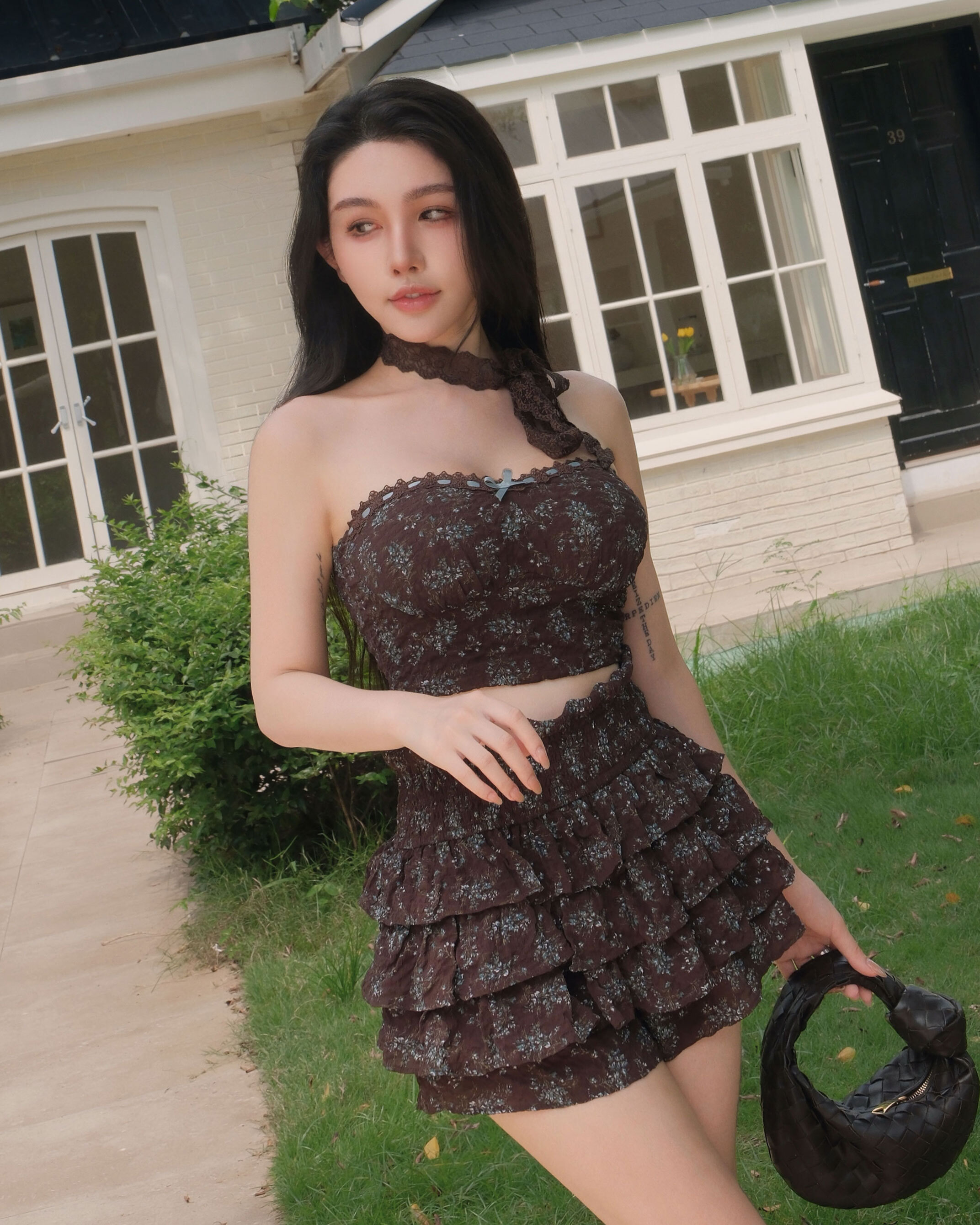 訂製-復古碎花捲邊荷葉短褲