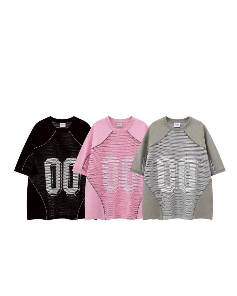 美式 反光線條 洞洞寬短 拼接色系 00球衣 罩衫 #短袖