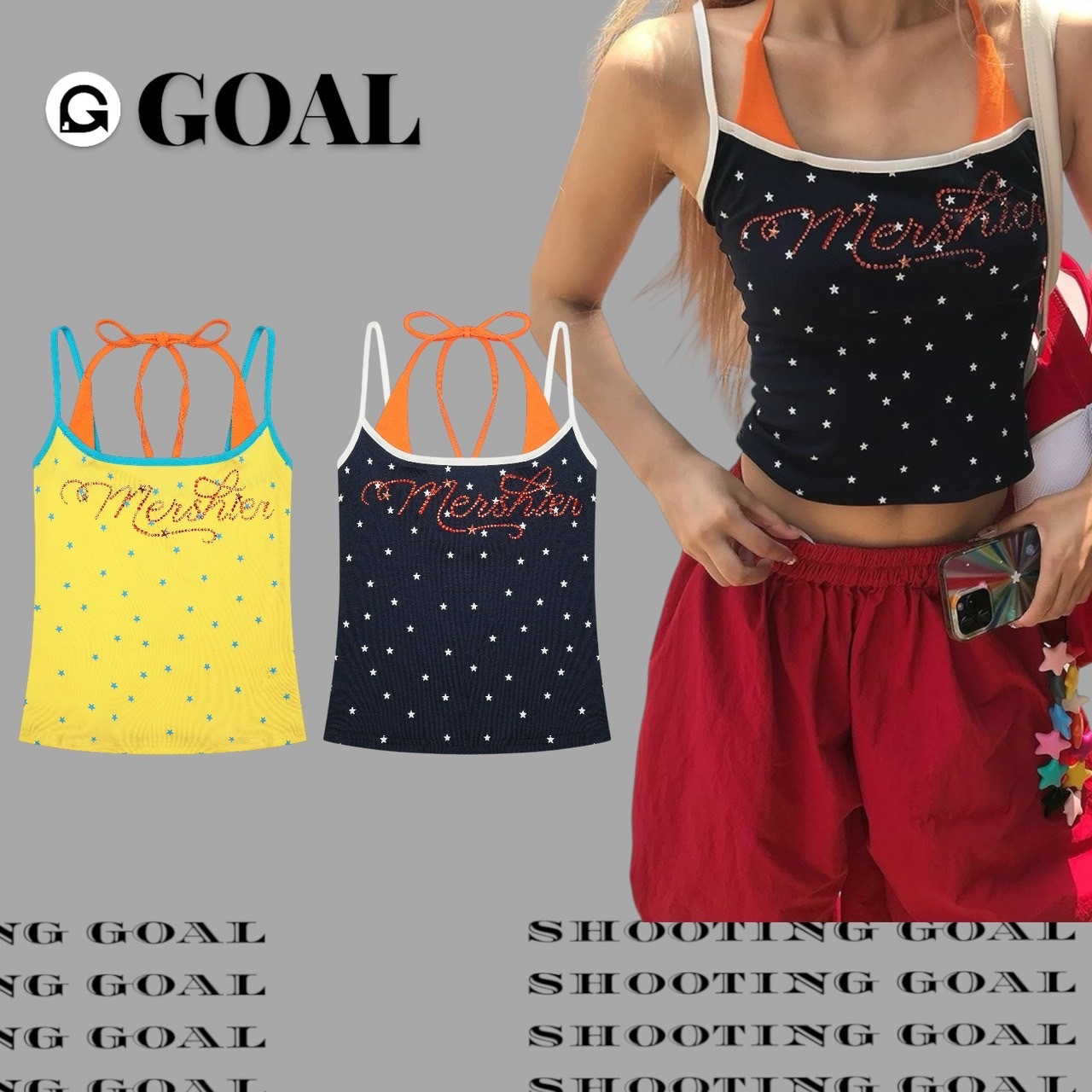 (GOAL)  美式假兩件燙鑽星星吊帶短版背心 Mershier MS7382