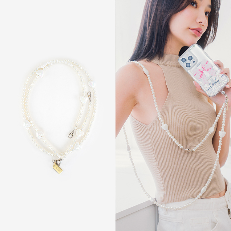 浪漫白愛心珍珠 (長/短兩用可拆式) 手機掛繩  串珠掛繩 長掛繩 背帶