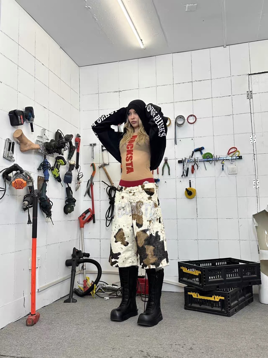 ROCKSTA GIRLS 毛面花色 貼鑽LOGO 七分褲