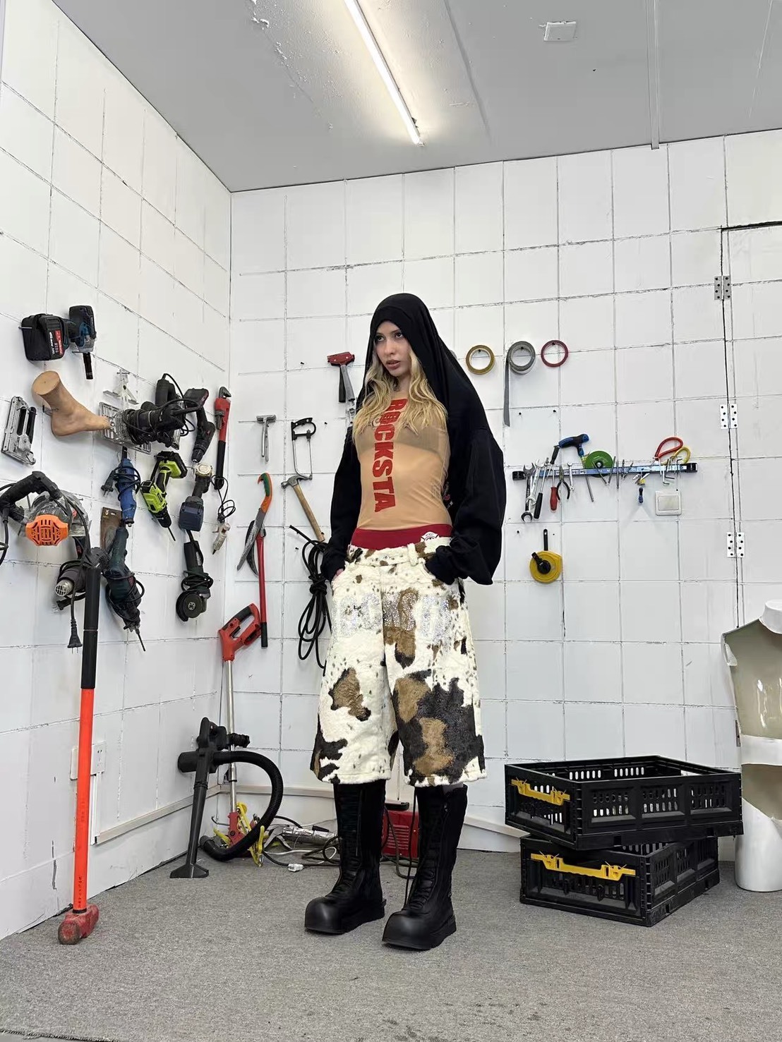 ROCKSTA GIRLS 毛面花色 貼鑽LOGO 七分褲