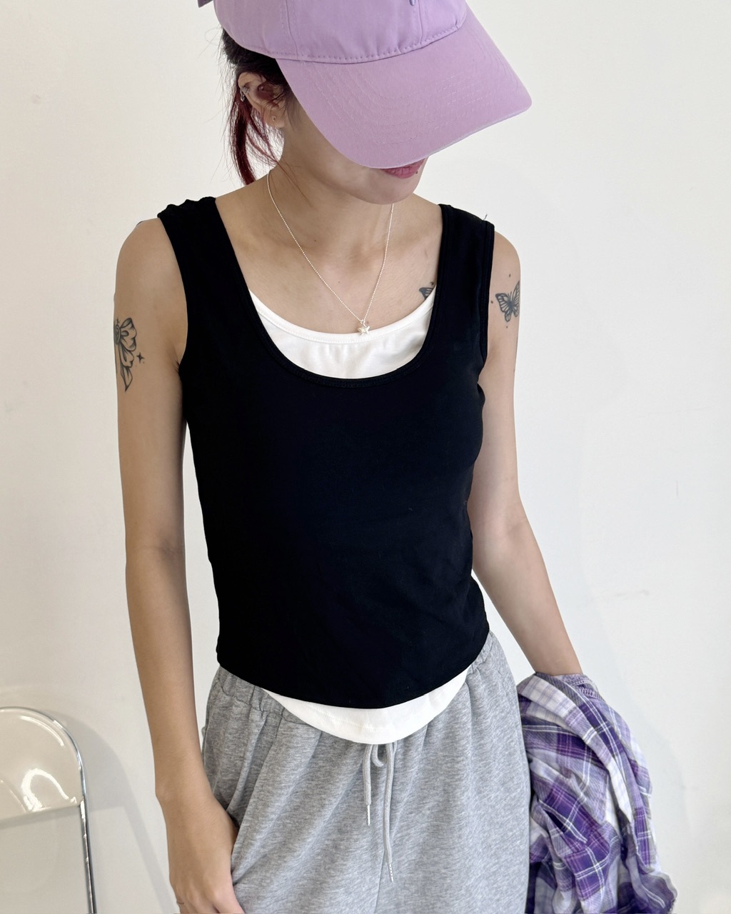 休閒時尚假兩件背心(附胸墊)-2734