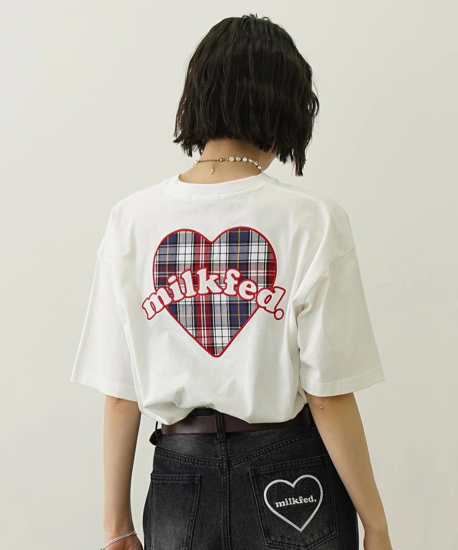 Milkfed PLAID HEART WIDE S/S TEE