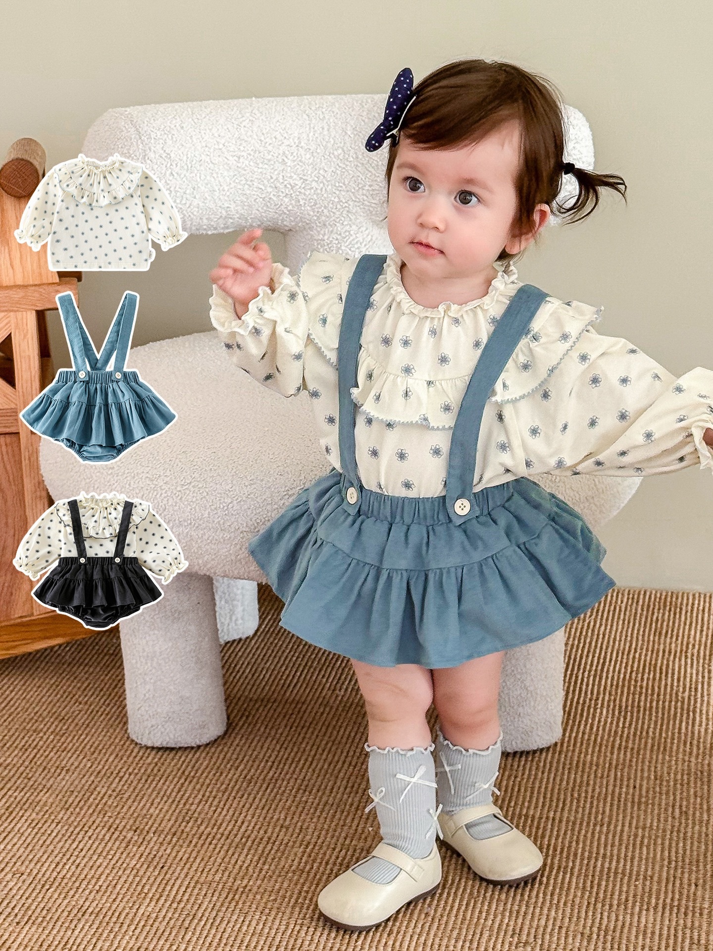 大翻領碎花上衣/包屁吊帶裙