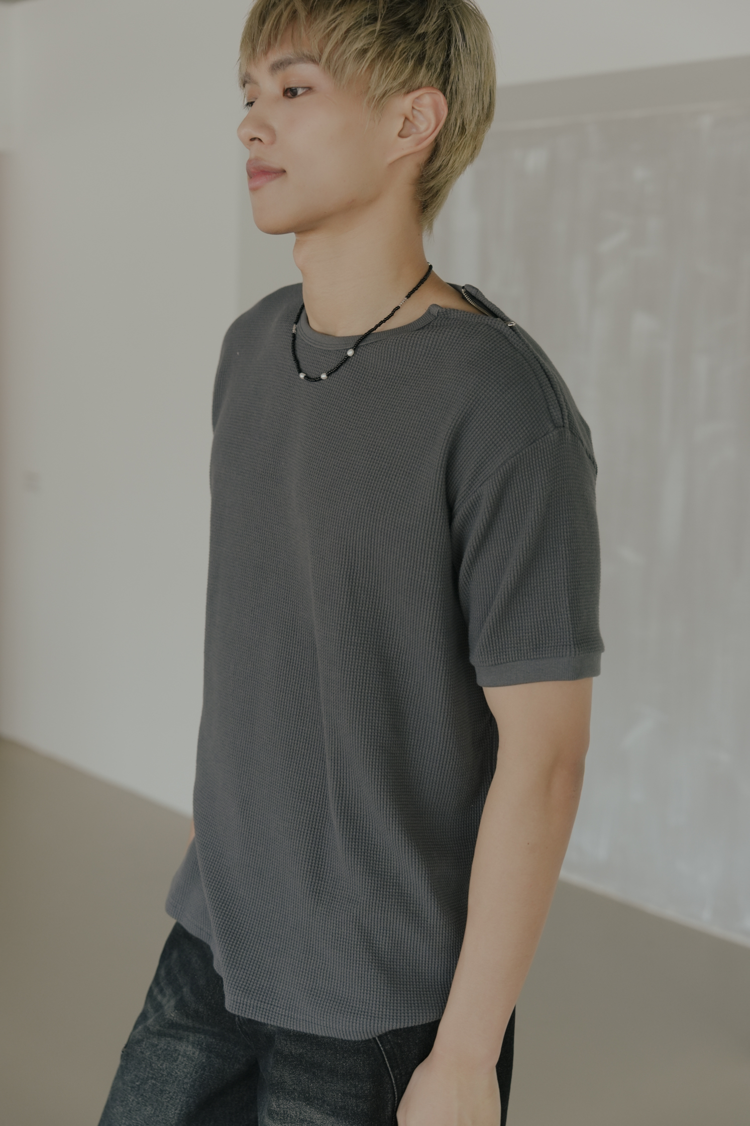 Waffle Shoulder Zip-Up T-Shirt #上衣