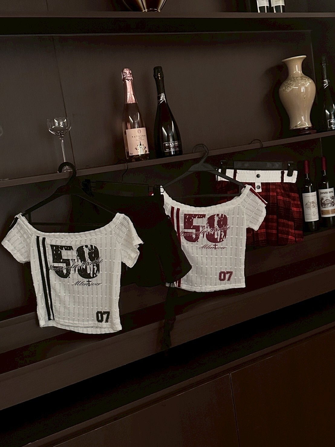 美高辣妹 透視一字肩短踢+短裙套裝 2colors set