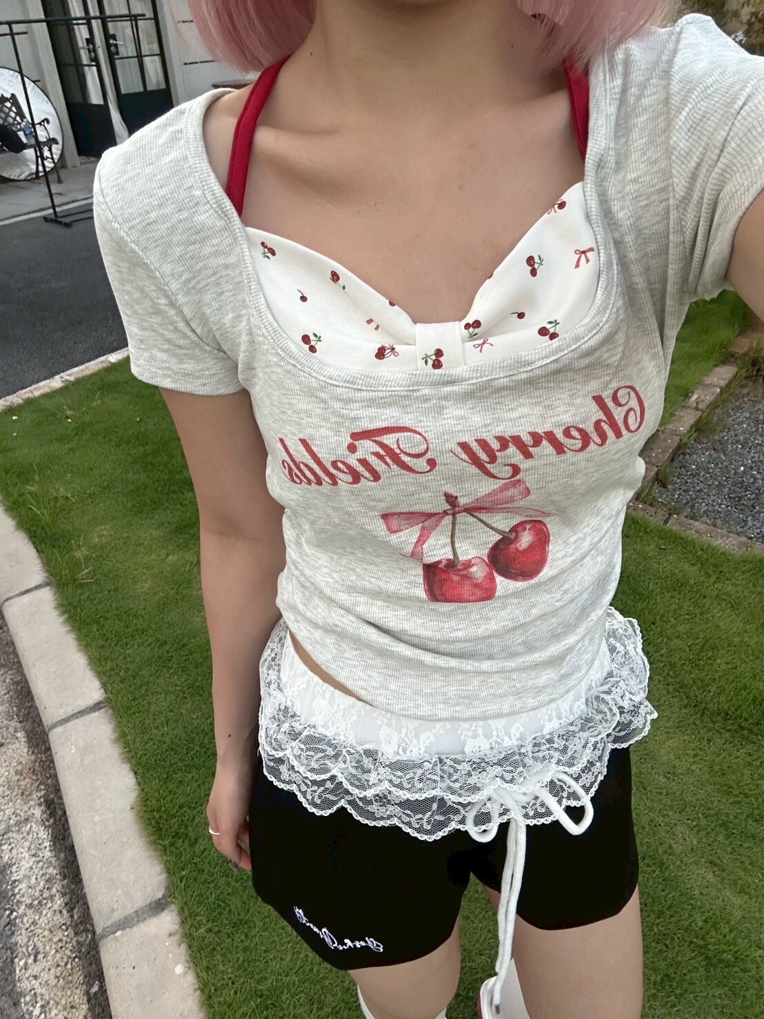櫻桃🍒假兩件拼接掛脖短踢 2colors