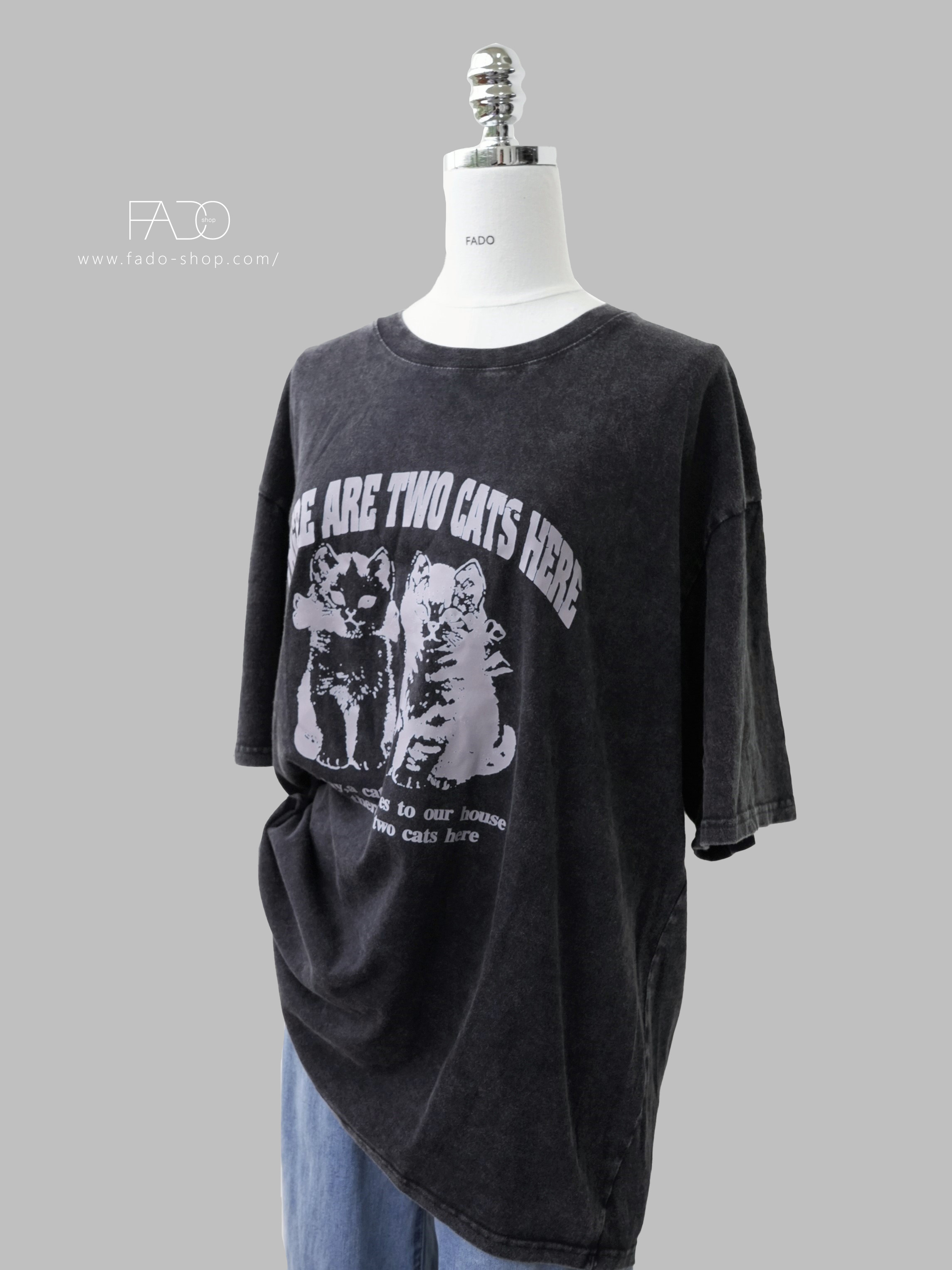 法朵Fado shop｜貓咪印刷水洗長版棉T 0213180