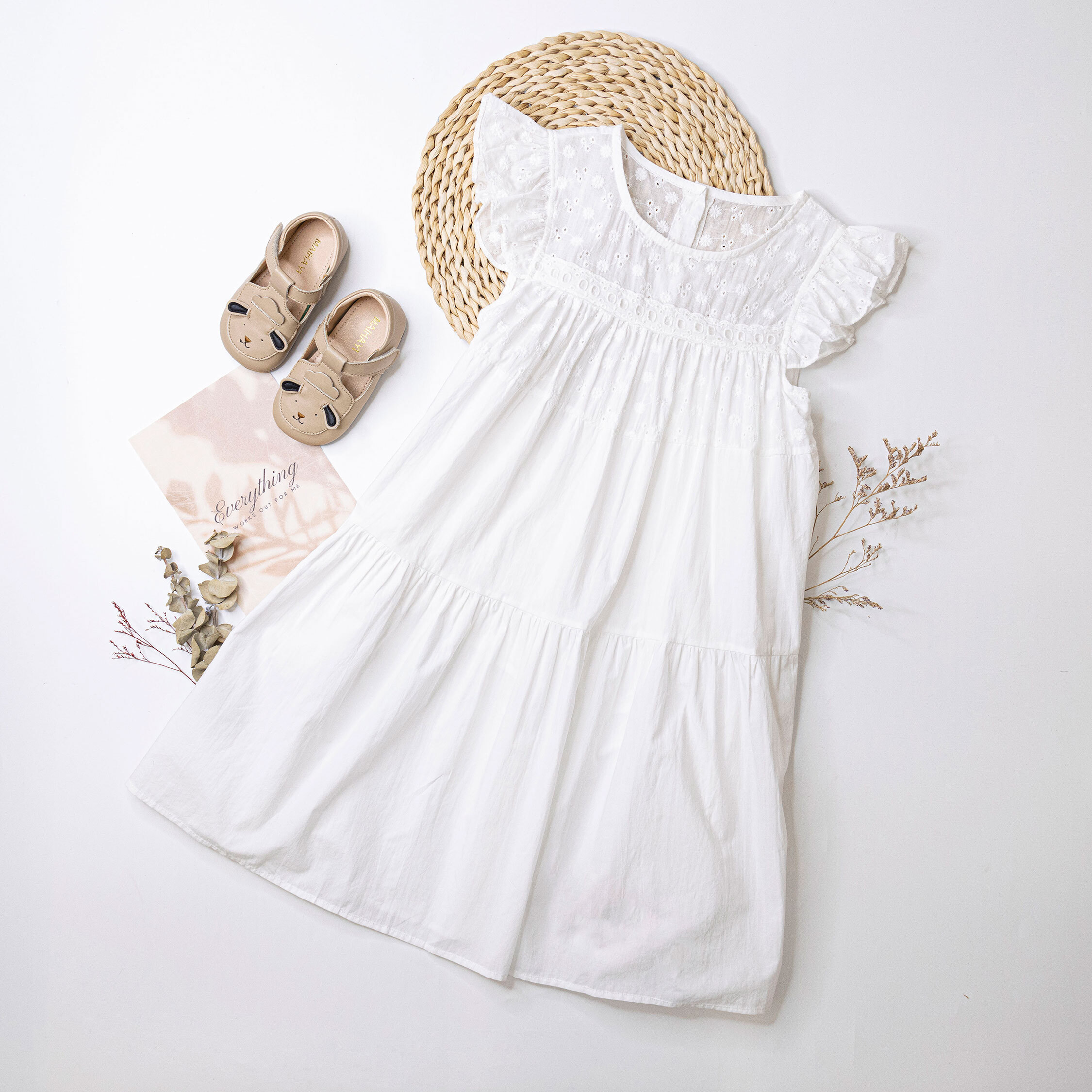 【H50823】氣質小花刺繡荷葉袖洋裝