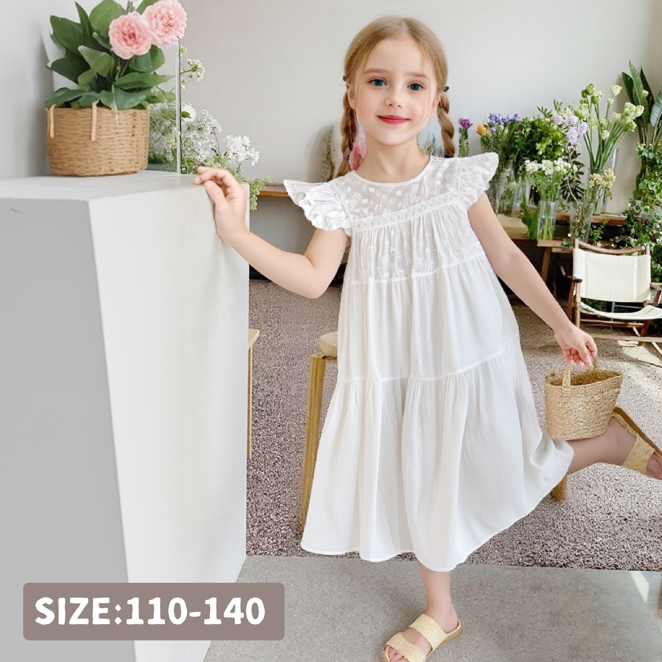 【H50823】氣質小花刺繡荷葉袖洋裝