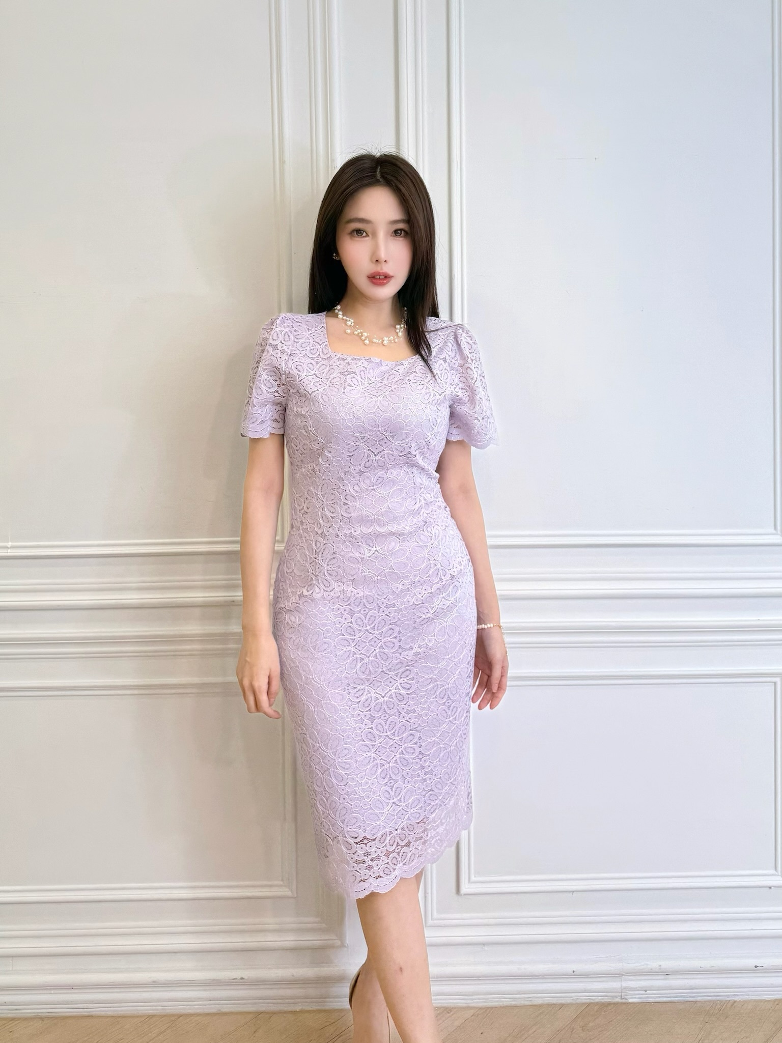 柔美方領短袖蕾絲洋