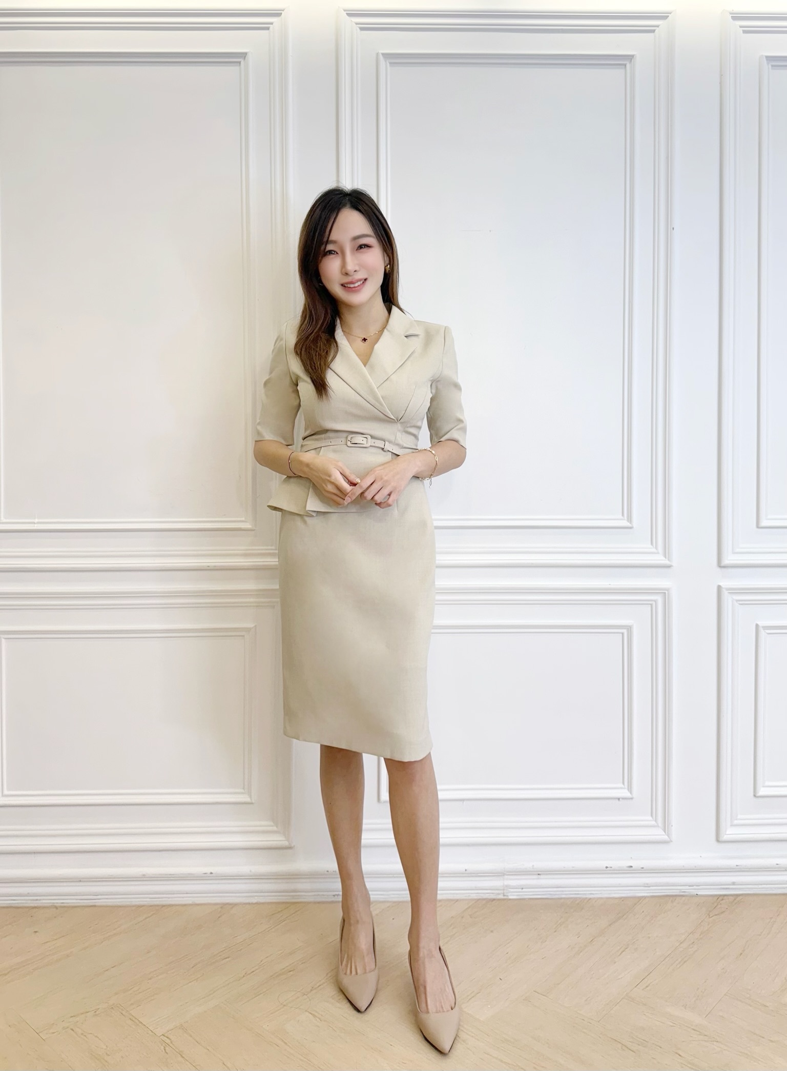 短袖翻領裁片腰帶洋