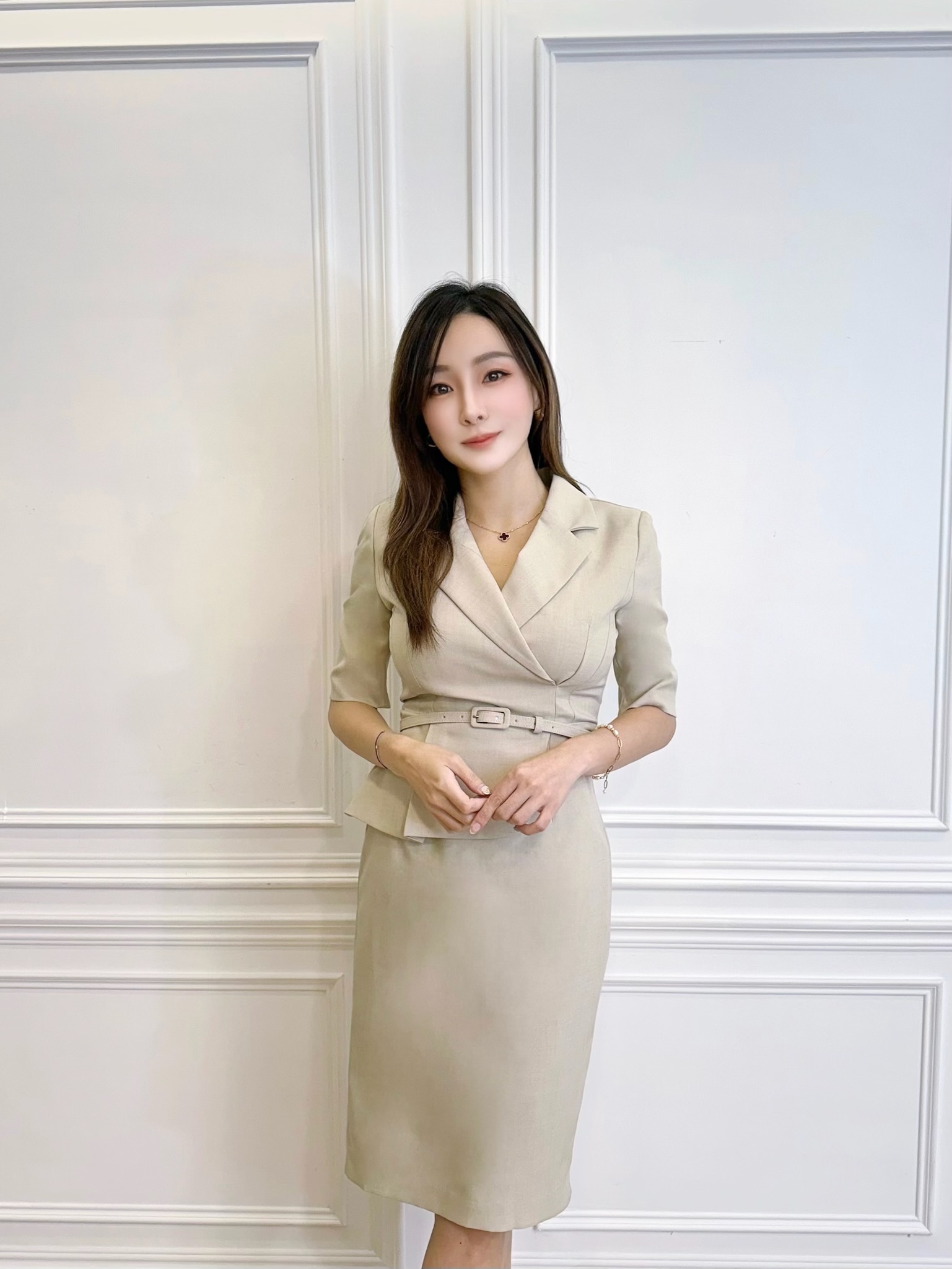 短袖翻領裁片腰帶洋