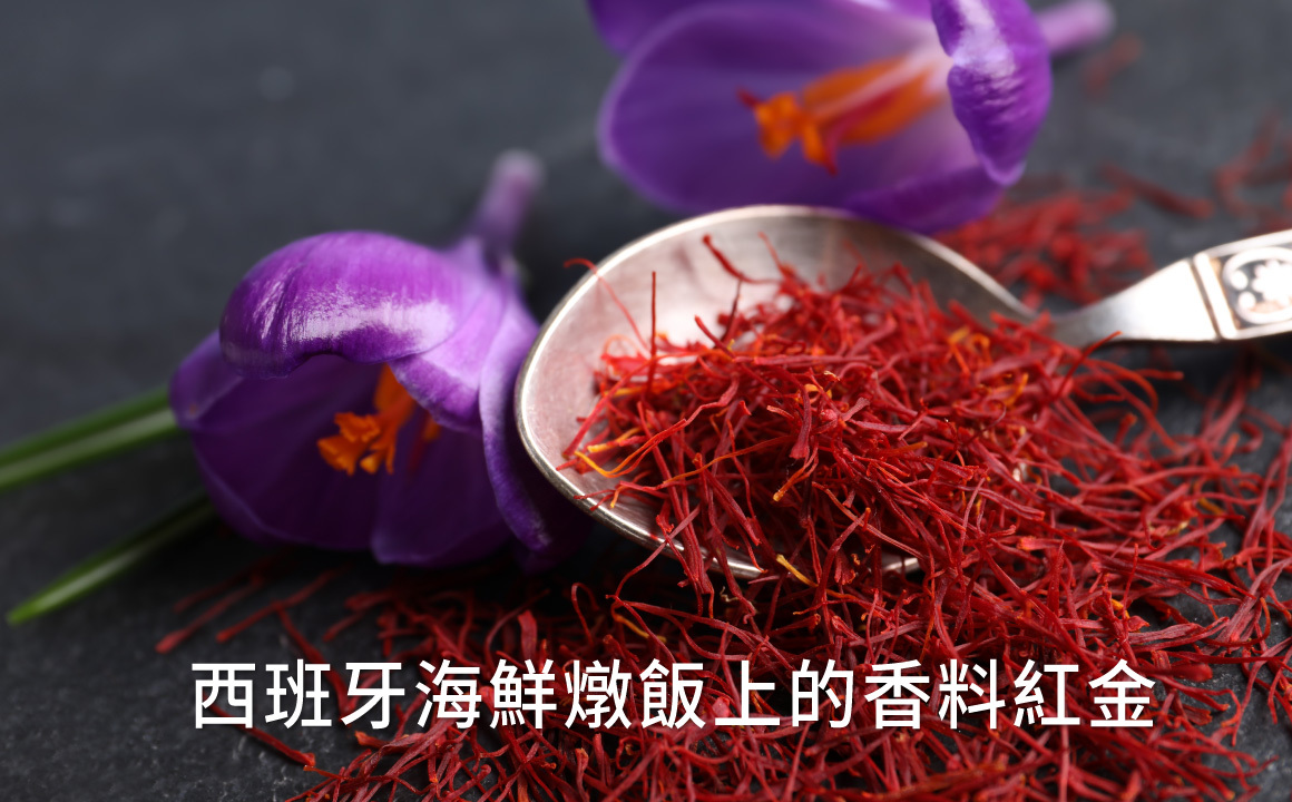 銀湯匙盛裝番紅花柱頭與紫色藏紅花花朵，展現珍稀番紅花香料的歷史與保養價值