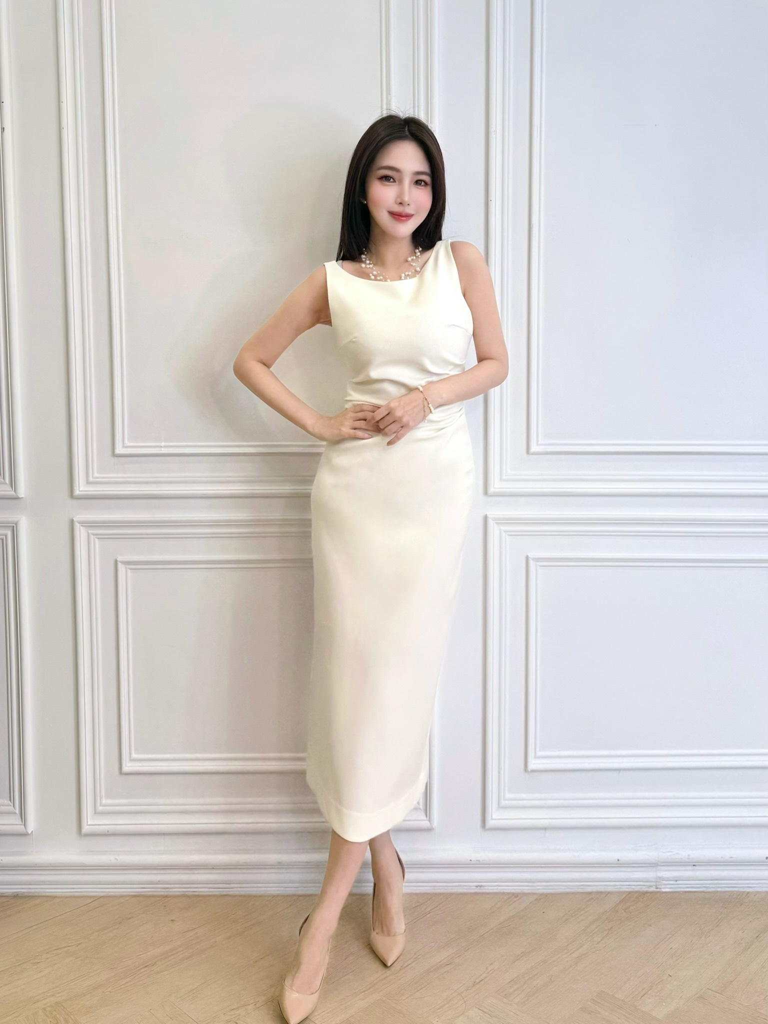 簡約顯腰身抓皺背心洋