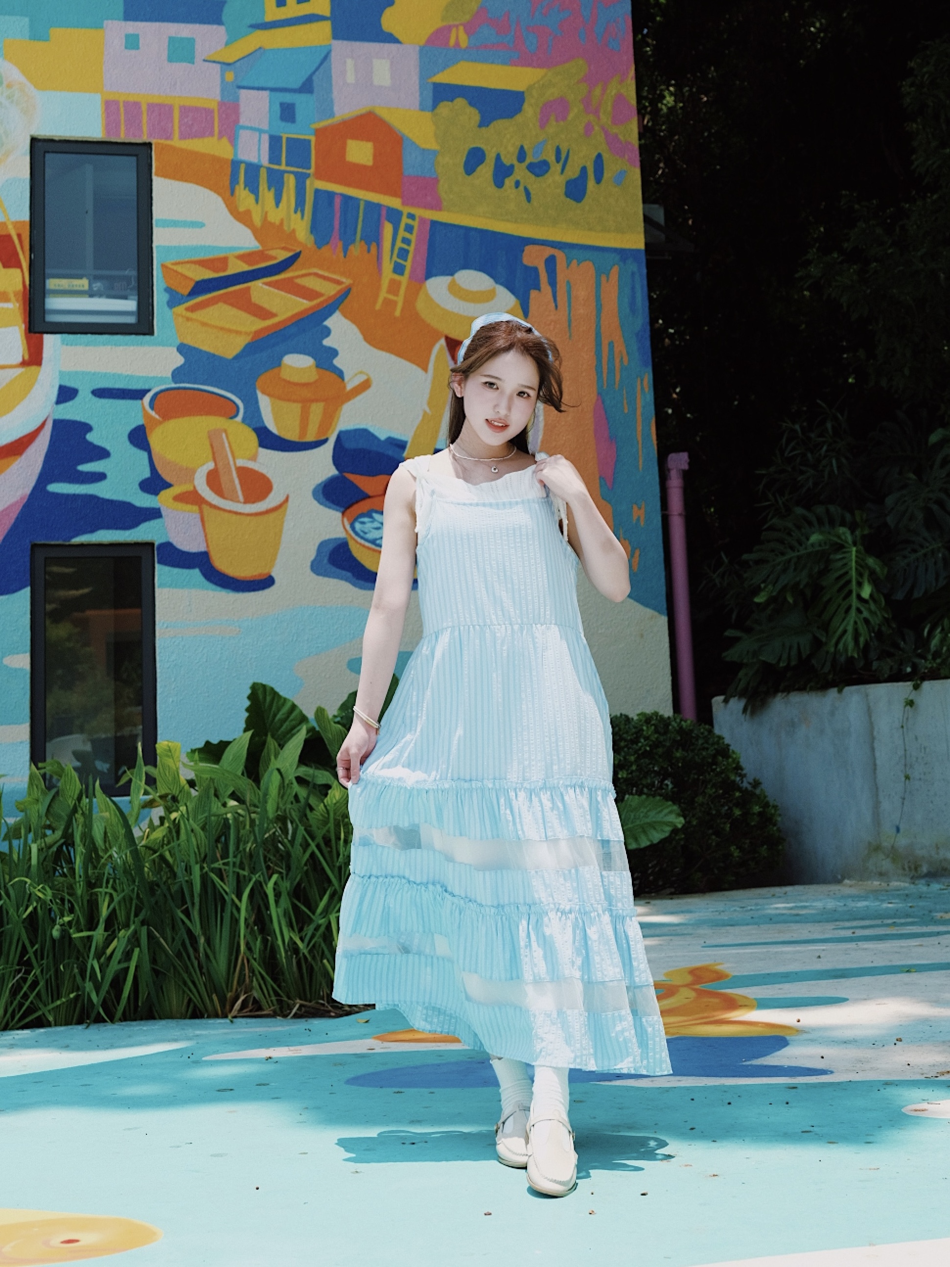 三色 / 條紋透明間層連身裙 / Striped Sheer Layered Dress