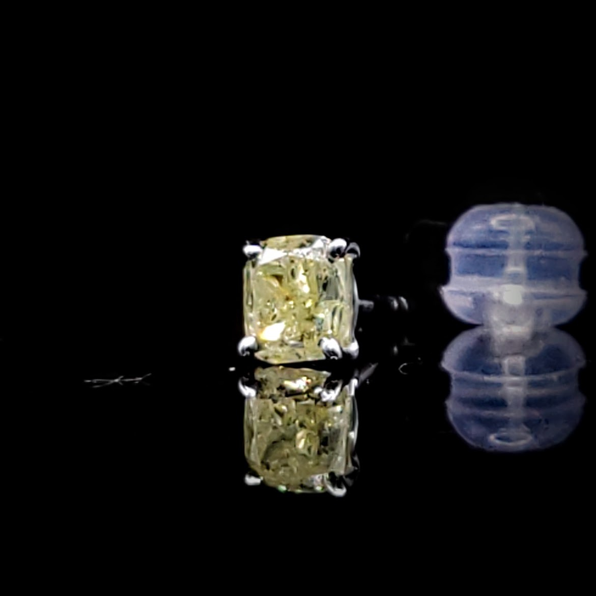 18K White Gold 0.52ct Fancy Yellow Cushion Cut Diamond Single Earring