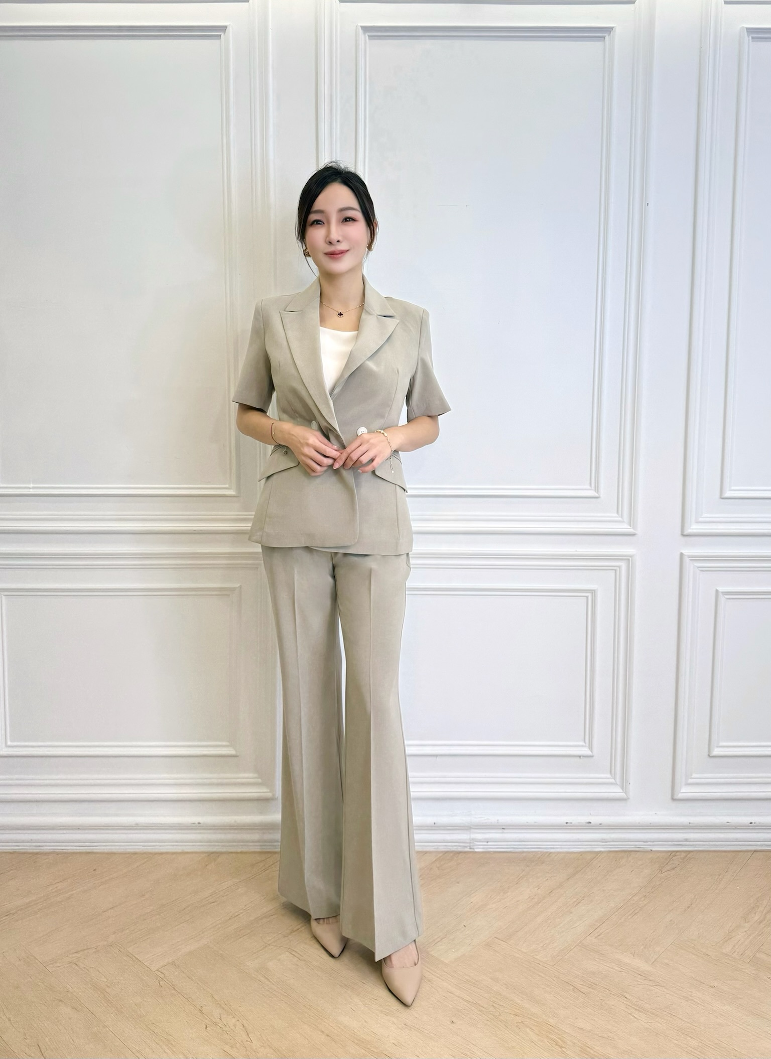 棉麻雙釦短袖西裝套裝