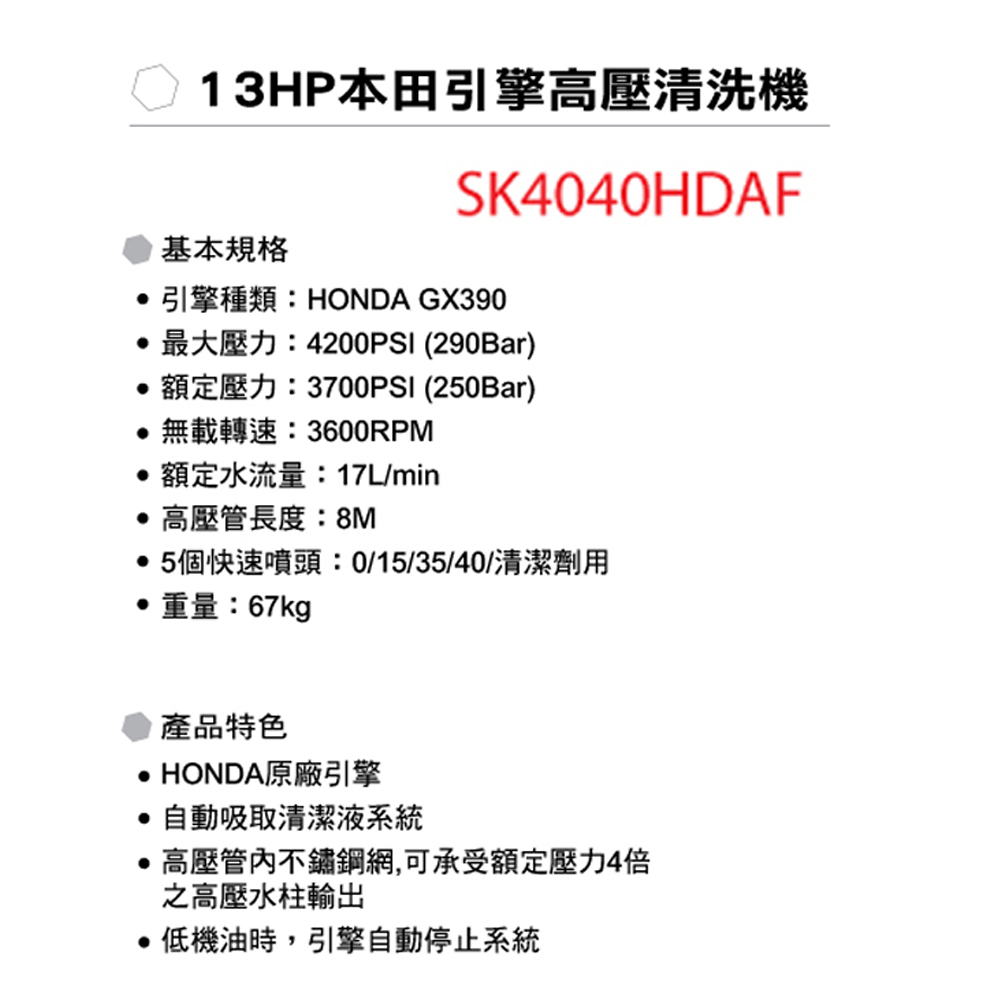 ＊中崙五金【附發票】(來電/店優惠價+免運) 型鋼力 HONDA引擎 SK4040HDAF高壓清洗機 SK4040HDA