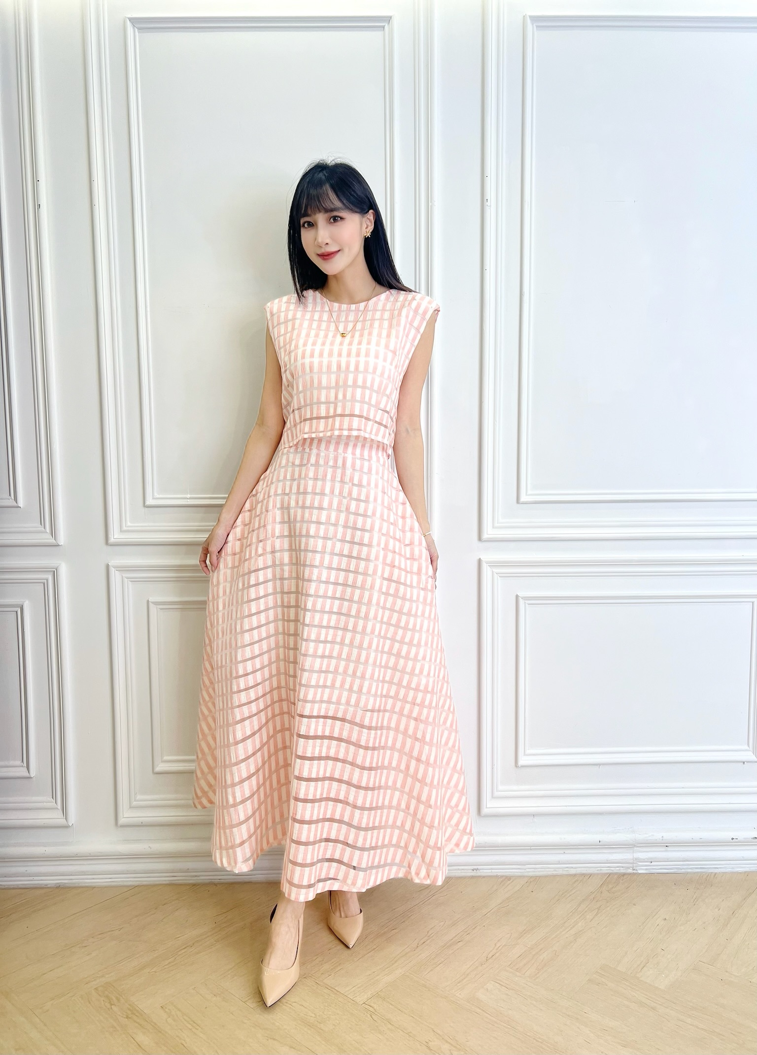 透視感格紋澎裙套裝