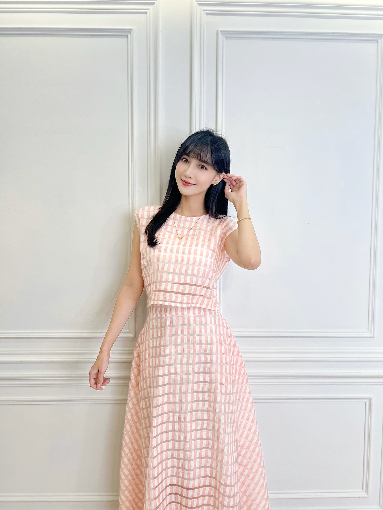 透視感格紋澎裙套裝