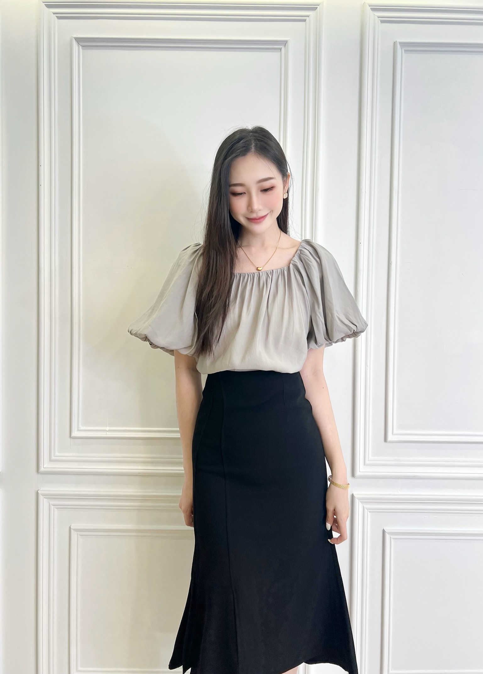 絲光鬆緊領澎短袖上衣