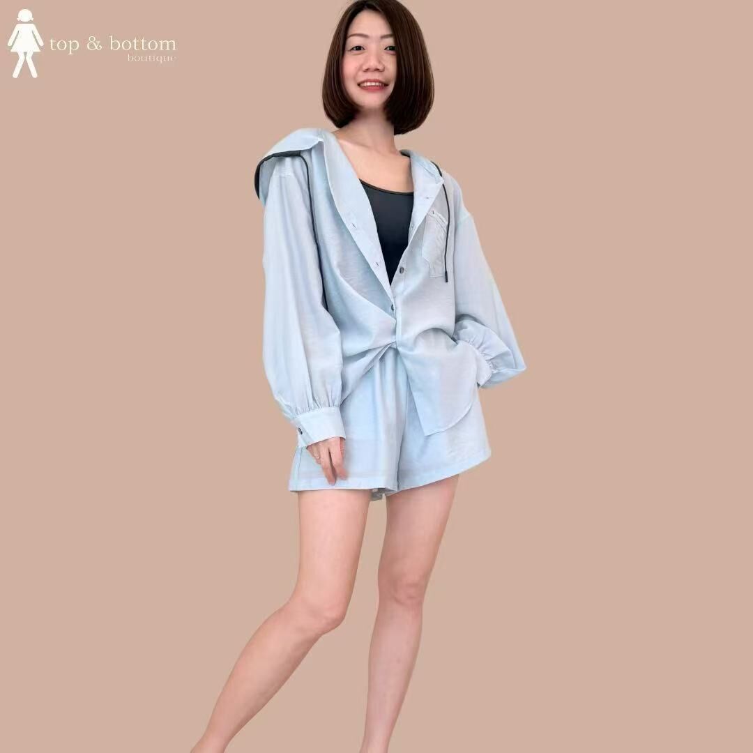 HOODY BUTTON SHEER JACKET & SHORTS SET SUIT (WITH INNER)