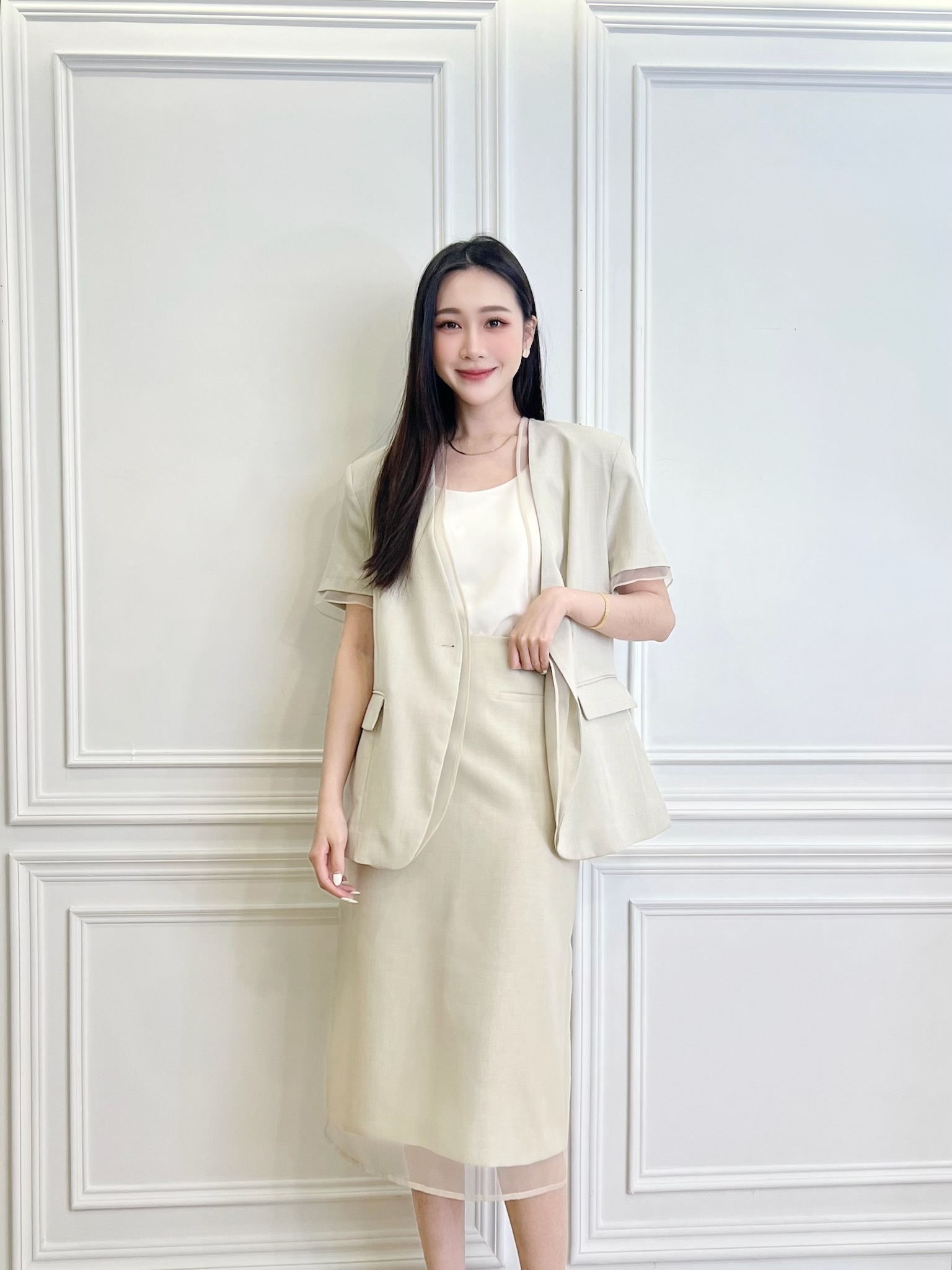 滾邊透紗西裝窄裙套裝