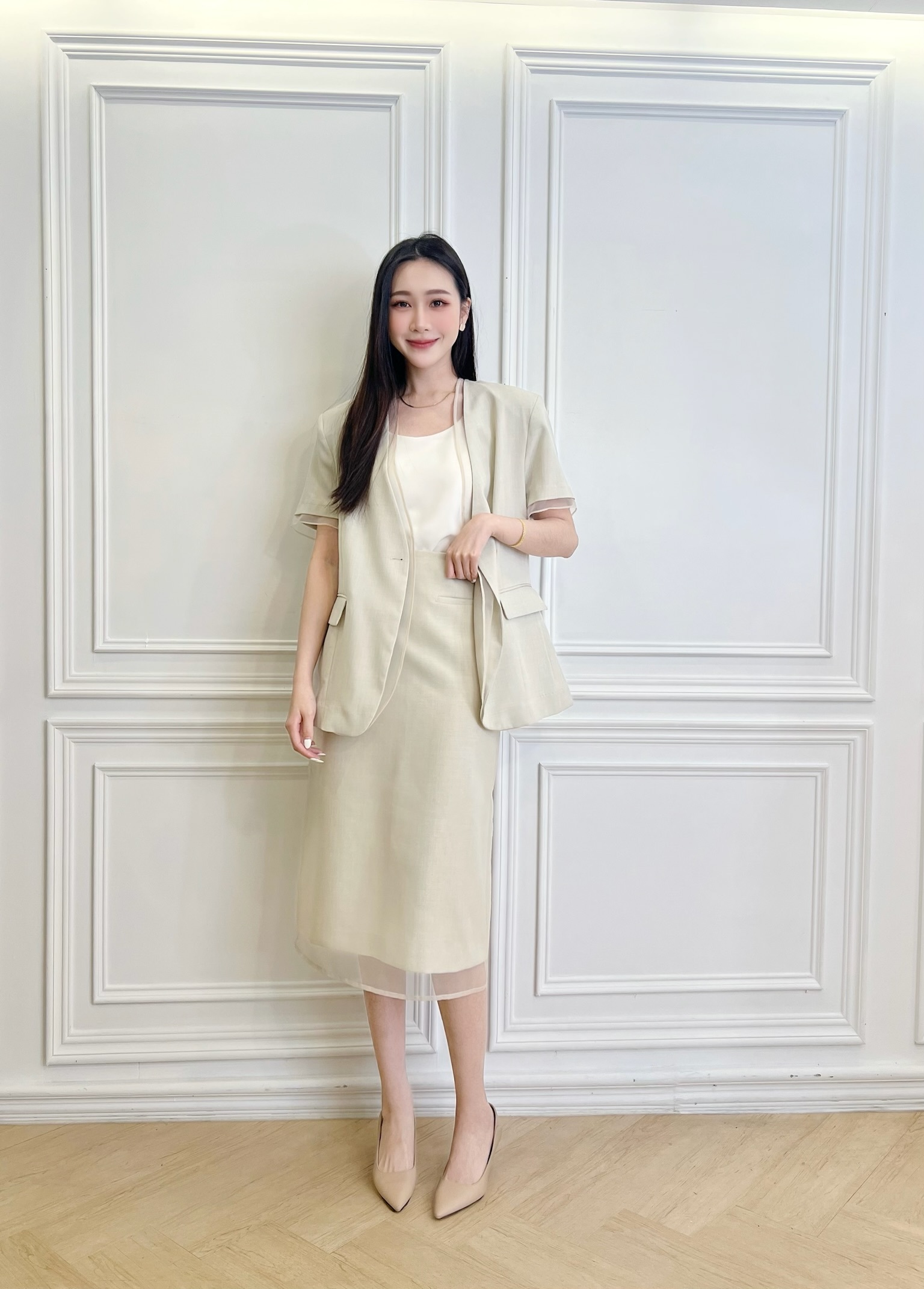滾邊透紗西裝窄裙套裝