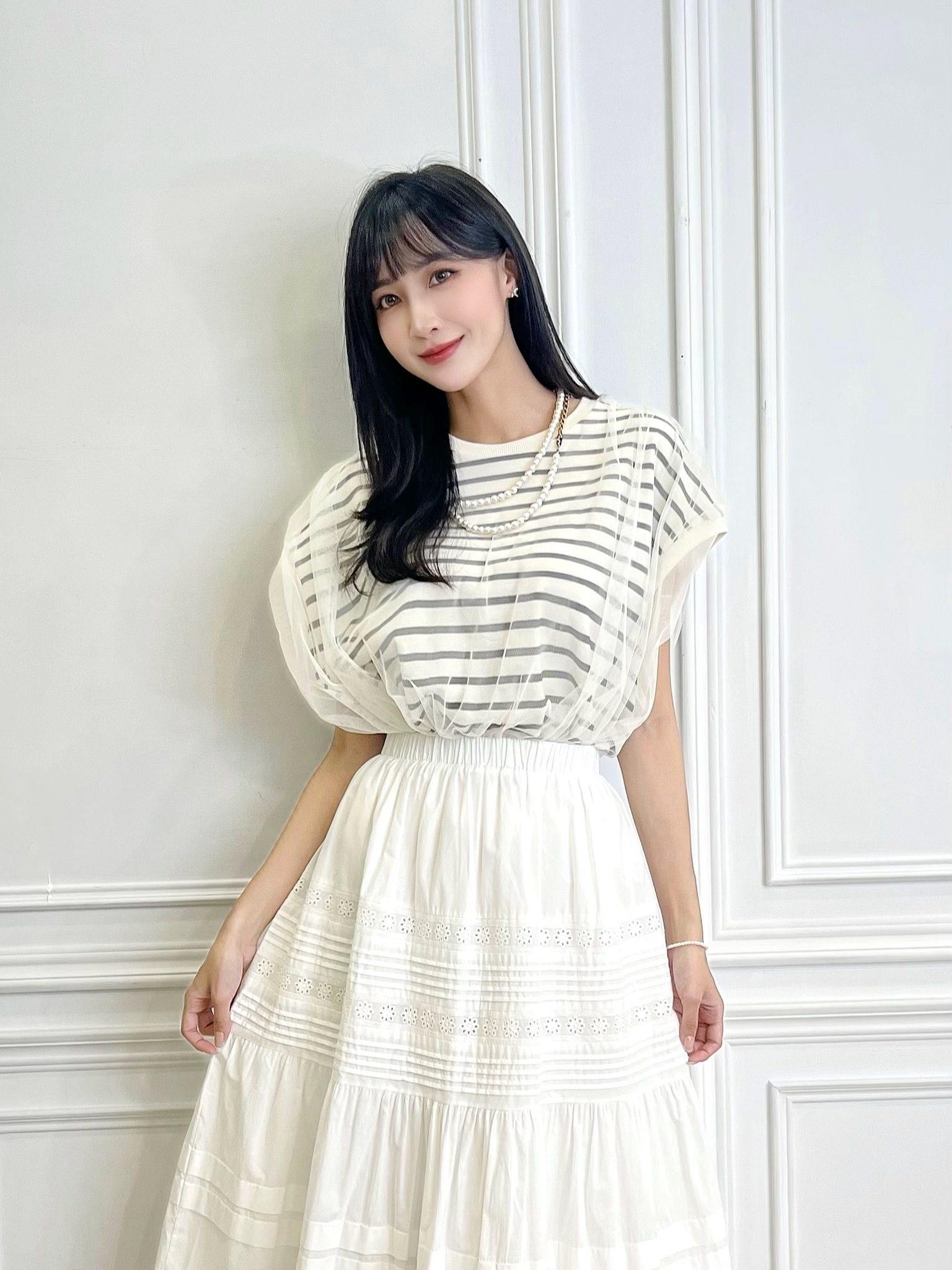 條紋拼外紗層次感上衣