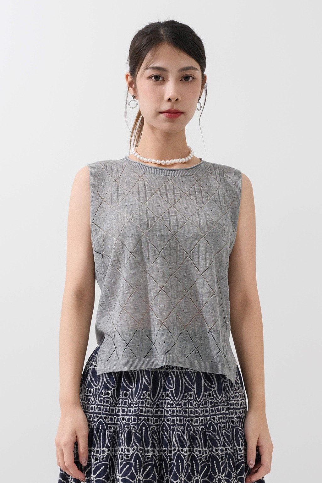 菱格紋透薄針織背心 (*現貨款式）
