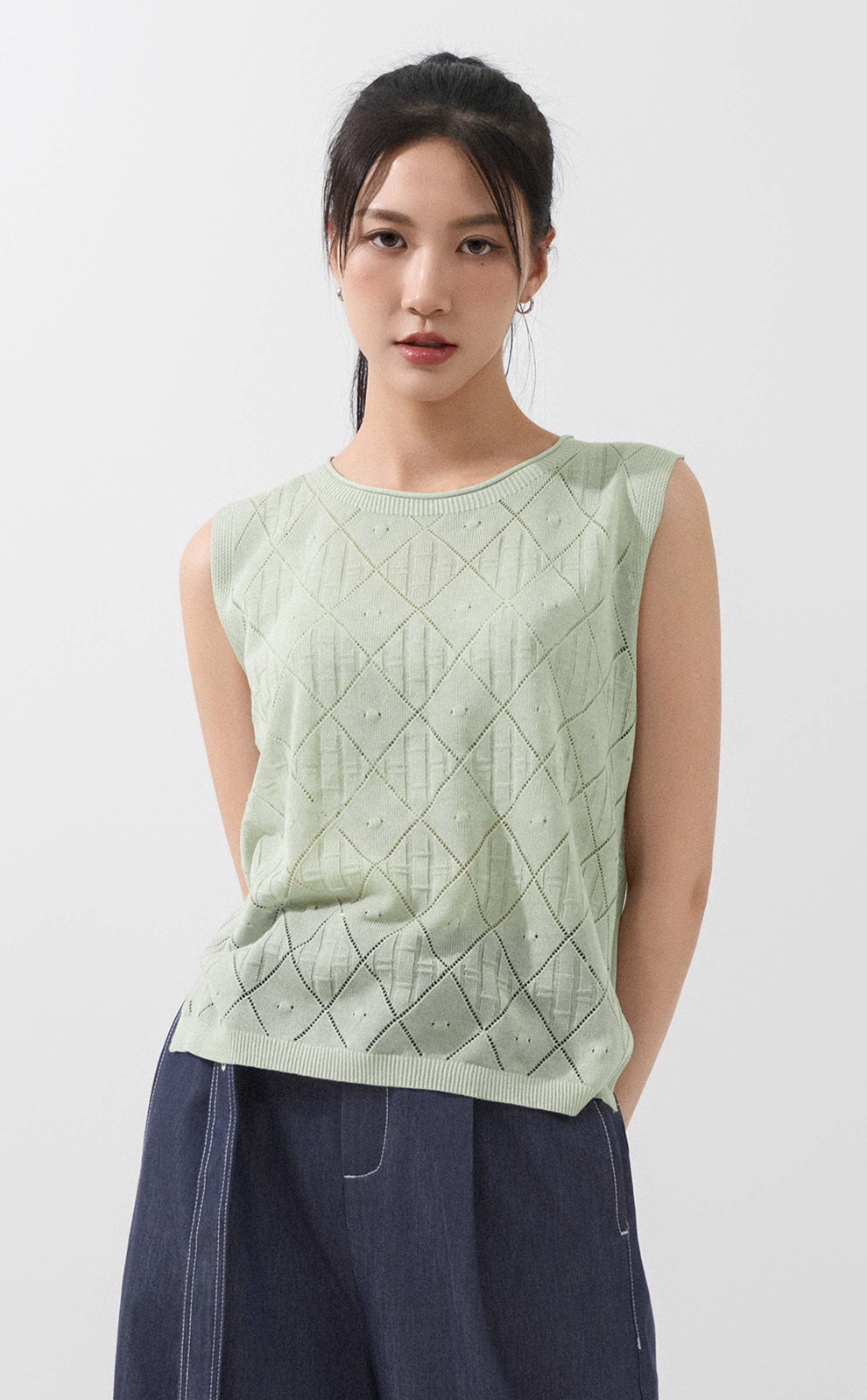 菱格紋透薄針織背心 (*現貨款式）